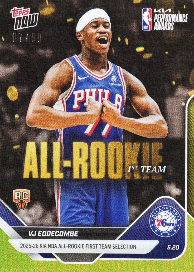 2025 Topps Now VJ Edgecombe #AR03 Gold Foil /50 2025-26 KIA NBA All Rookie First Team Selection Philadelphia 76ers Rookie RC Basketball Card
