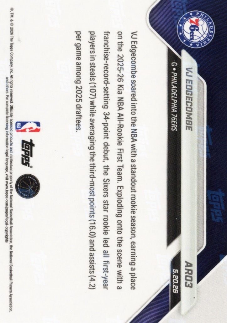 2025 Topps Now VJ Edgecombe #AR03 Orange Foil /25 2025-26 KIA NBA All Rookie First Team Selection Philadelphia 76ers Rookie RC Basketball Card