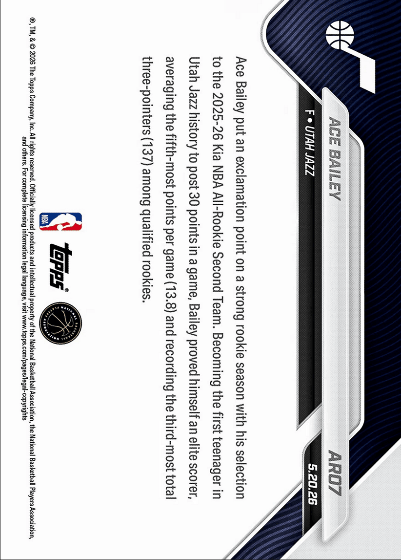 2025 Topps Now Ace Bailey #AR07 2025-26 KIA NBA All Rookie Second Team Selection Utah Jazz Rookie RC Basketball Card