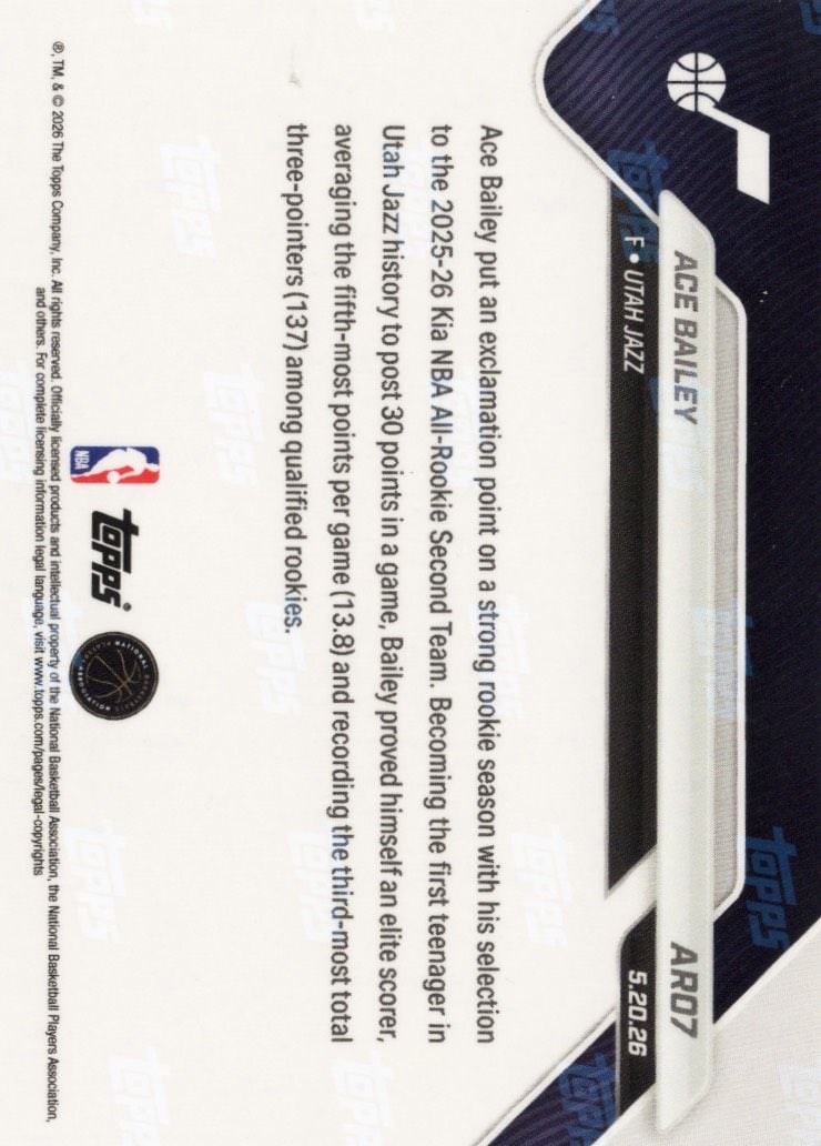 2025 Topps Now Ace Bailey #AR07 Gold Foil /50 2025-26 KIA NBA All Rookie Second Team Selection Utah Jazz Rookie RC Basketball Card