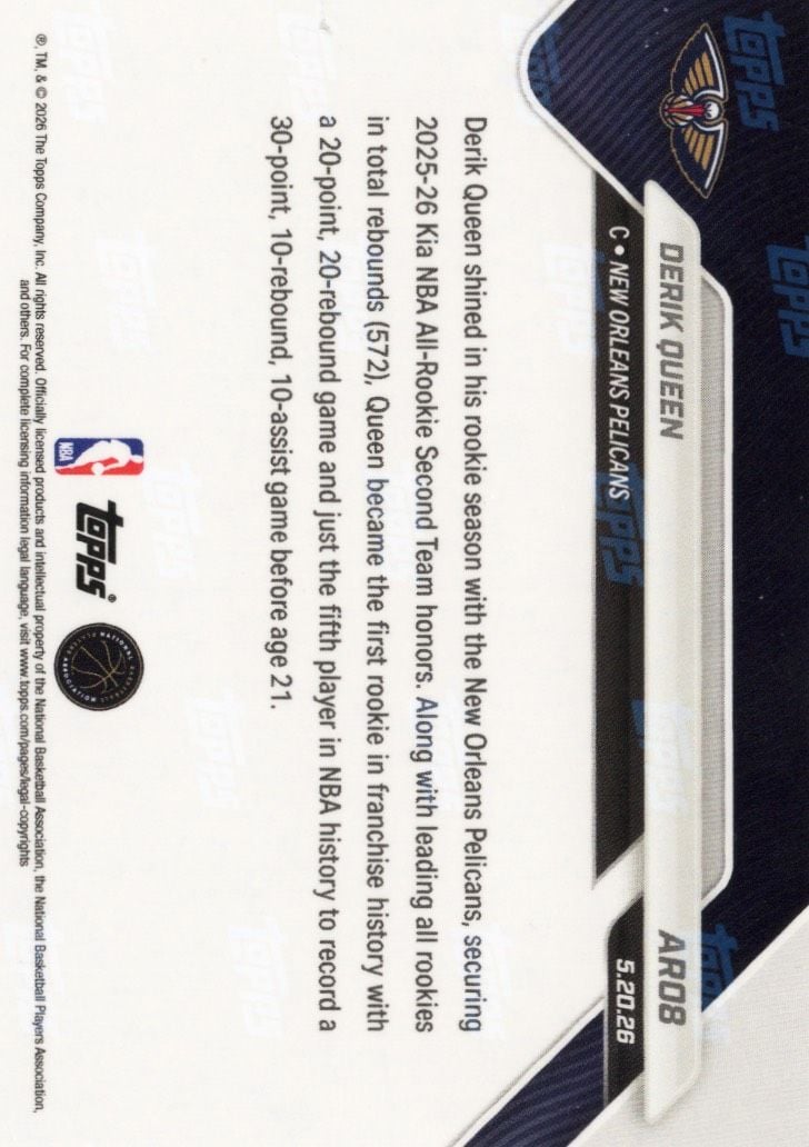 2025 Topps Now Derik Queen #AR08 Orange Foil /25 2025-26 KIA NBA All Rookie Second Team Selection New Orleans Pelicans Rookie RC Basketball Card