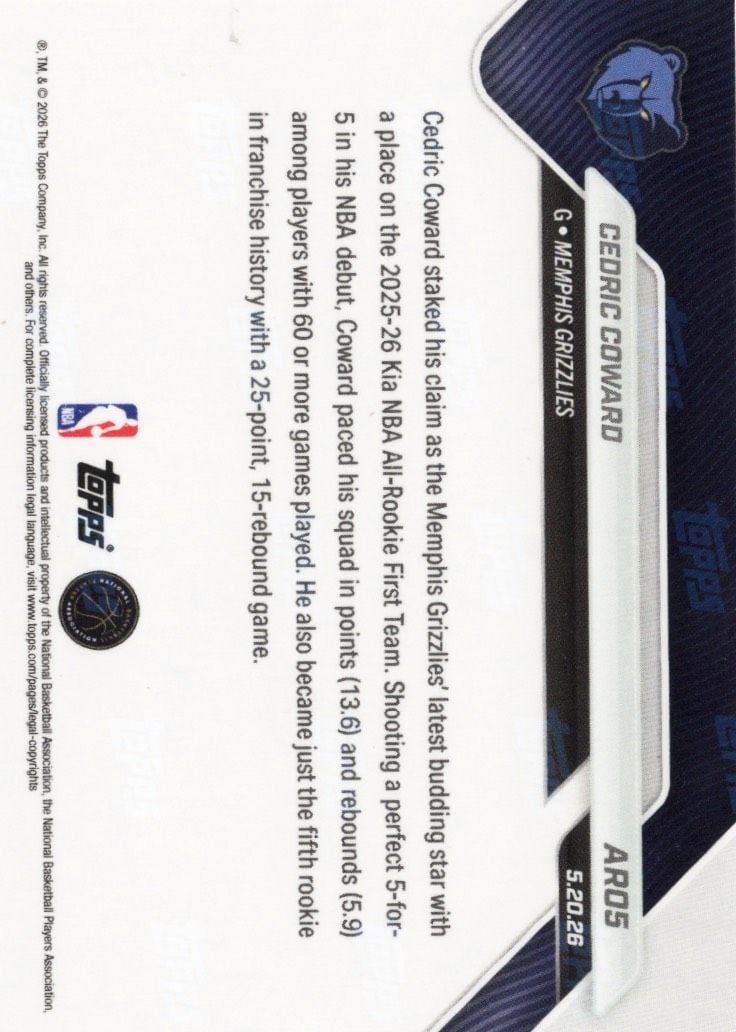 2025 Topps Now Cedric Coward #AR05 Gold Foil /50 2025-26 KIA NBA All Rookie First Team Selection Memphis Grizzlies Rookie RC Basketball Card