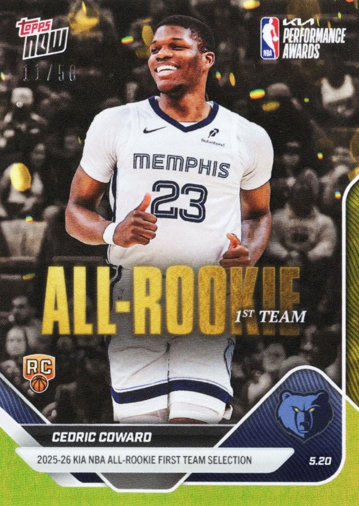 2025 Topps Now Cedric Coward #AR05 Gold Foil /50 2025-26 KIA NBA All Rookie First Team Selection Memphis Grizzlies Rookie RC Basketball Card