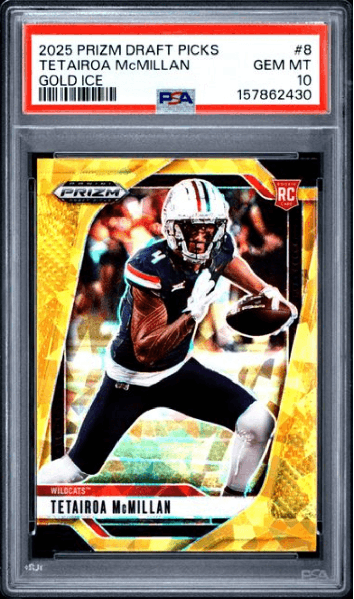 Graded 2025 Panini Prizm Draft Picks Tetairoa McMillan #8 Gold Ice Rookie RC Football Card PSA 10 Gem Mint