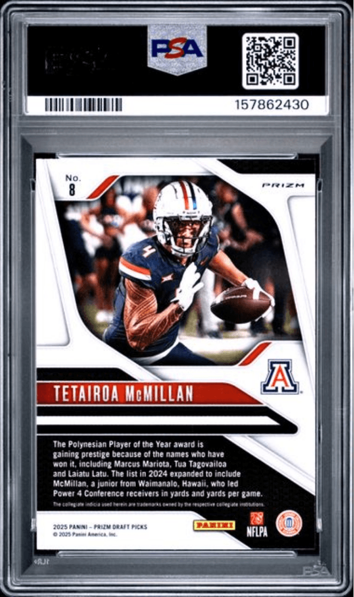 Graded 2025 Panini Prizm Draft Picks Tetairoa McMillan #8 Gold Ice Rookie RC Football Card PSA 10 Gem Mint