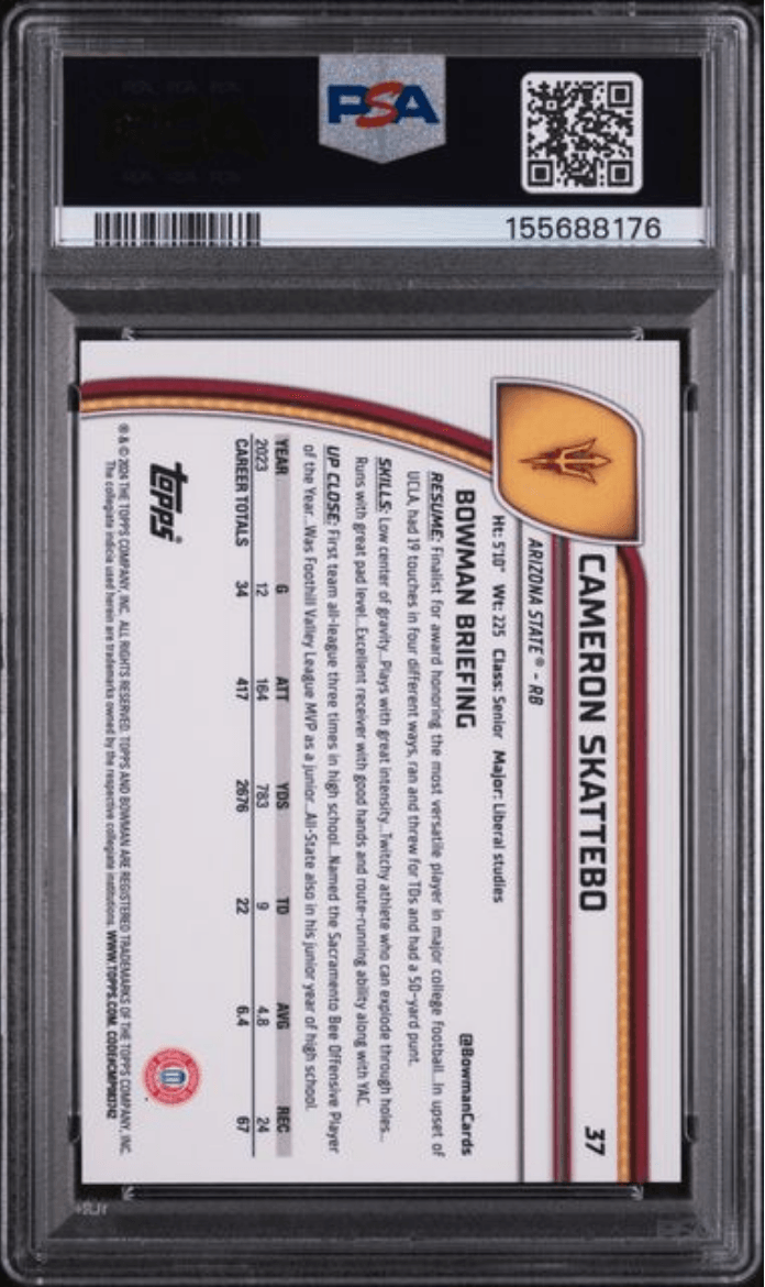 Graded 2024 Topps Bowman U Chrome Cam Skattebo #37 Purple Mini Diamond /375 Rookie RC Football Card PSA 10 Gem Mint