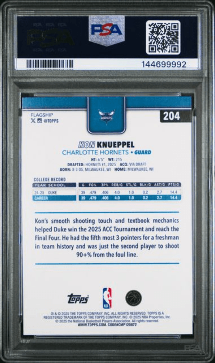 Graded 2025 Topps Kon Knueppel #204 Rookie RC Basketball Card PSA 10 Gem Mint