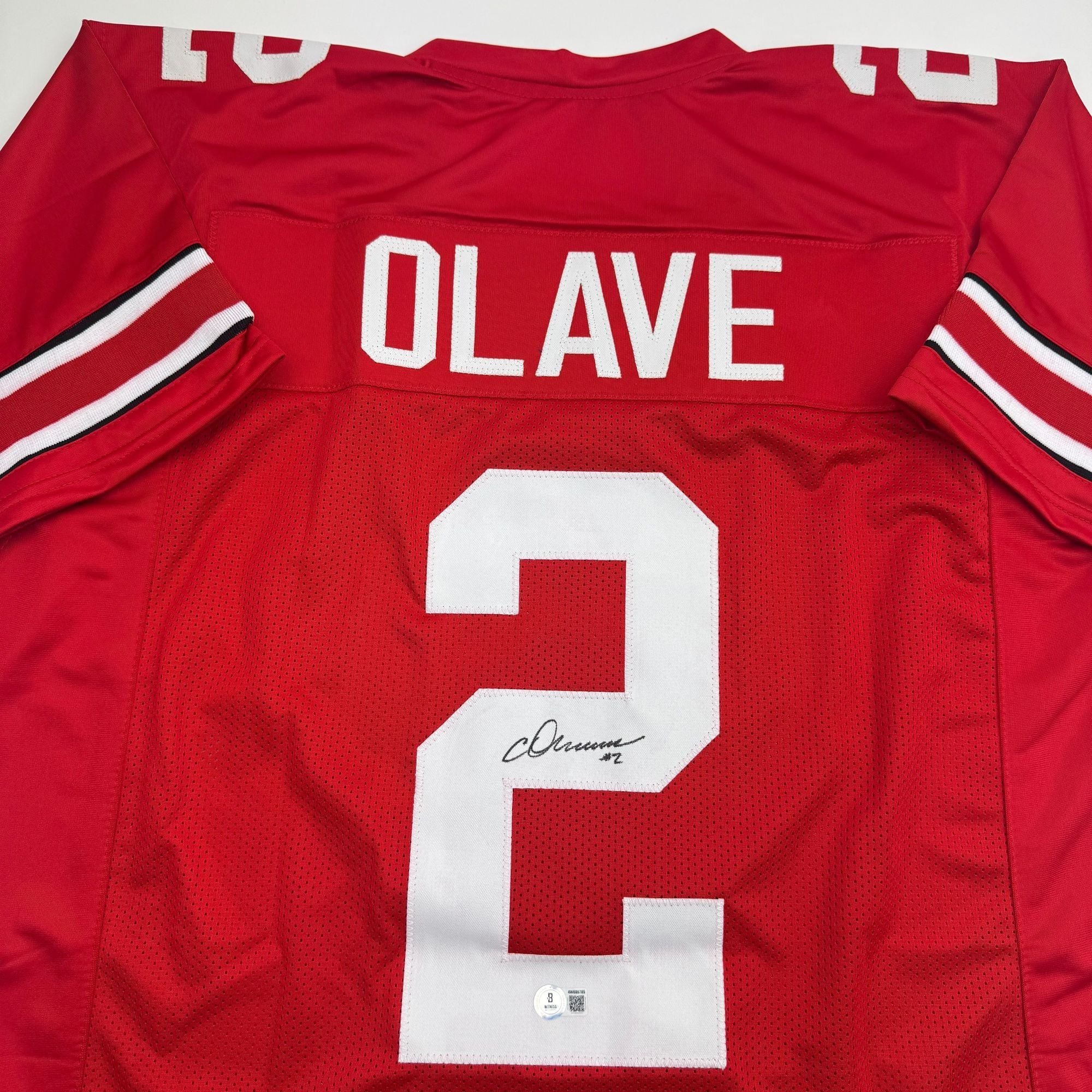 Autographed/Signed Chris Olave Ohio State Red College Football Jersey Beckett BAS COA