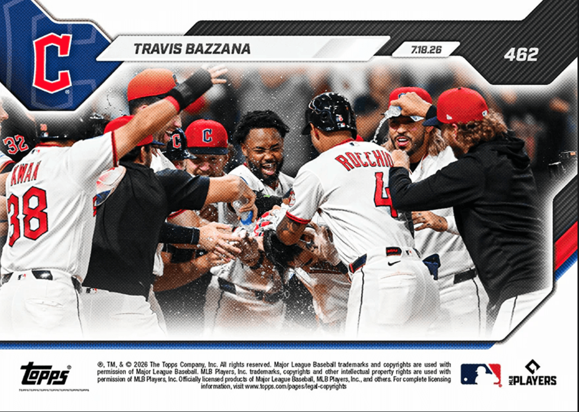 2026 Topps Now Travis Bazzana #462 2 Run Blast Delivers First Career Walk Off Home Run Cleveland Guardians Rookie RC Baseball Card