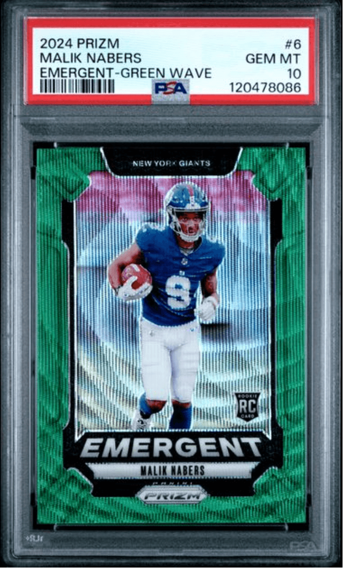 Graded 2024 Panini Prizm Malik Nabers #6 Emergent Green Wave Rookie RC Football Card PSA 10 Gem Mint