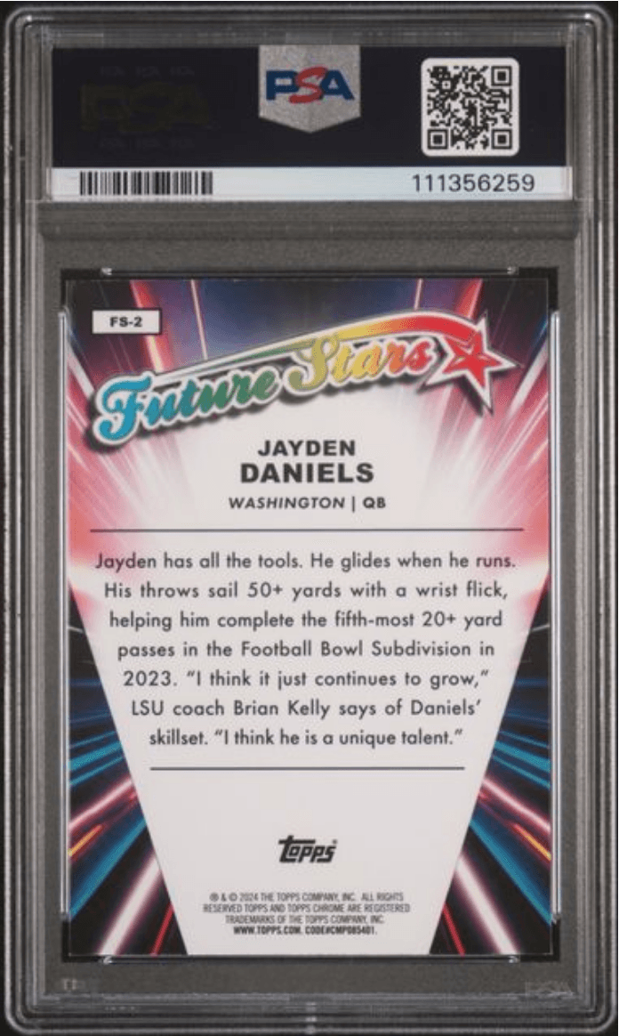 Graded 2024 Topps Chrome Jayden Daniels #FS2 Future Stars Lazer Refractor Rookie RC Football Card PSA 10 Gem Mint