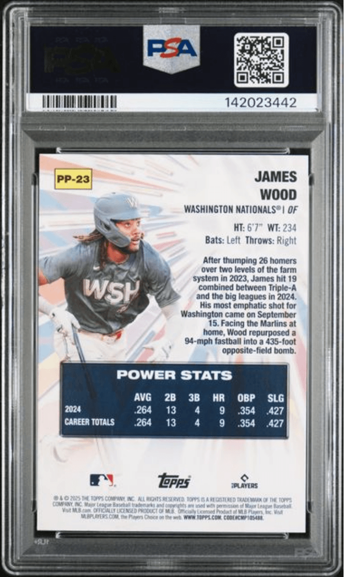 Graded 2025 Topps Celebration James Wood #PP23 Power Players Rookie RC Baseball Card PSA 10 Gem Mint