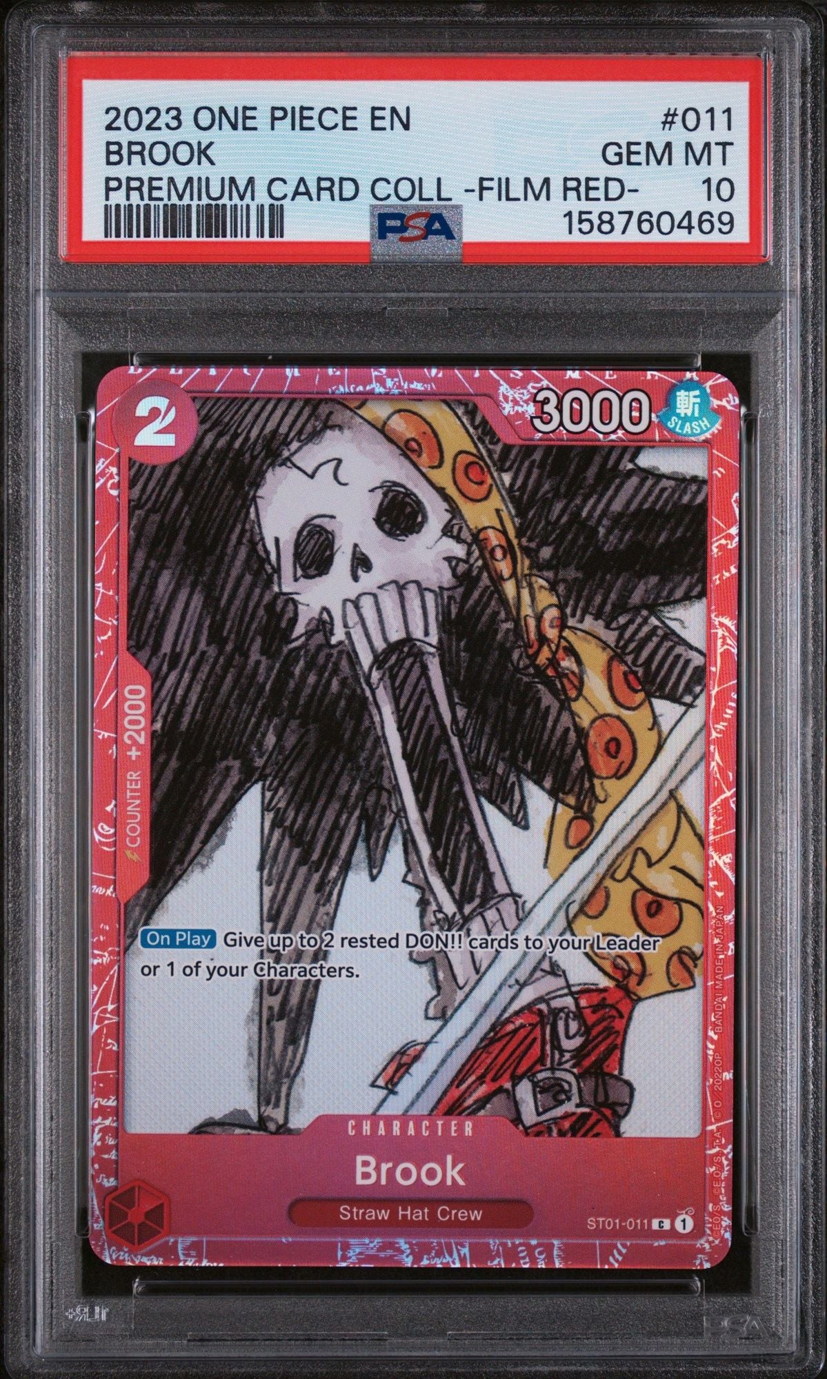 Graded 2023 One Piece Brook #011 ST01 Premium Card Collection Film Red Trading Card Game PSA 10 Gem Mint