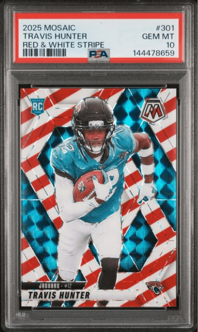 Graded 2025 Panini Mosaic Travis Hunter #301 Red & White Stripe Rookie RC Football Card PSA 10 Gem Mint