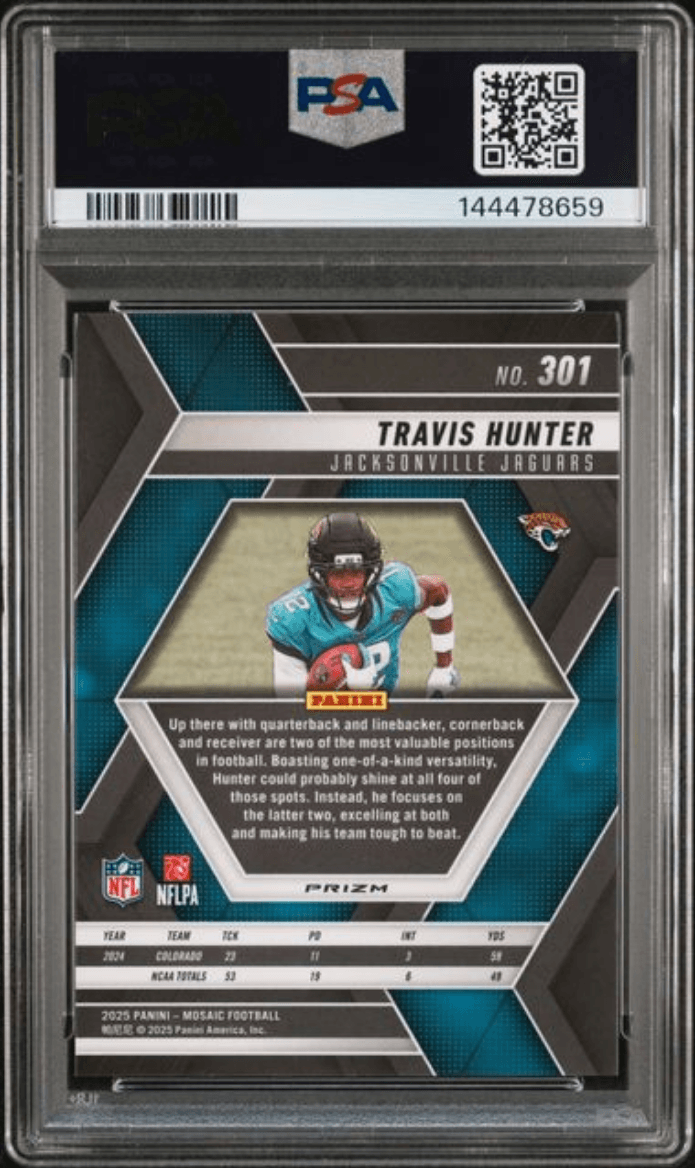 Graded 2025 Panini Mosaic Travis Hunter #301 Red & White Stripe Rookie RC Football Card PSA 10 Gem Mint