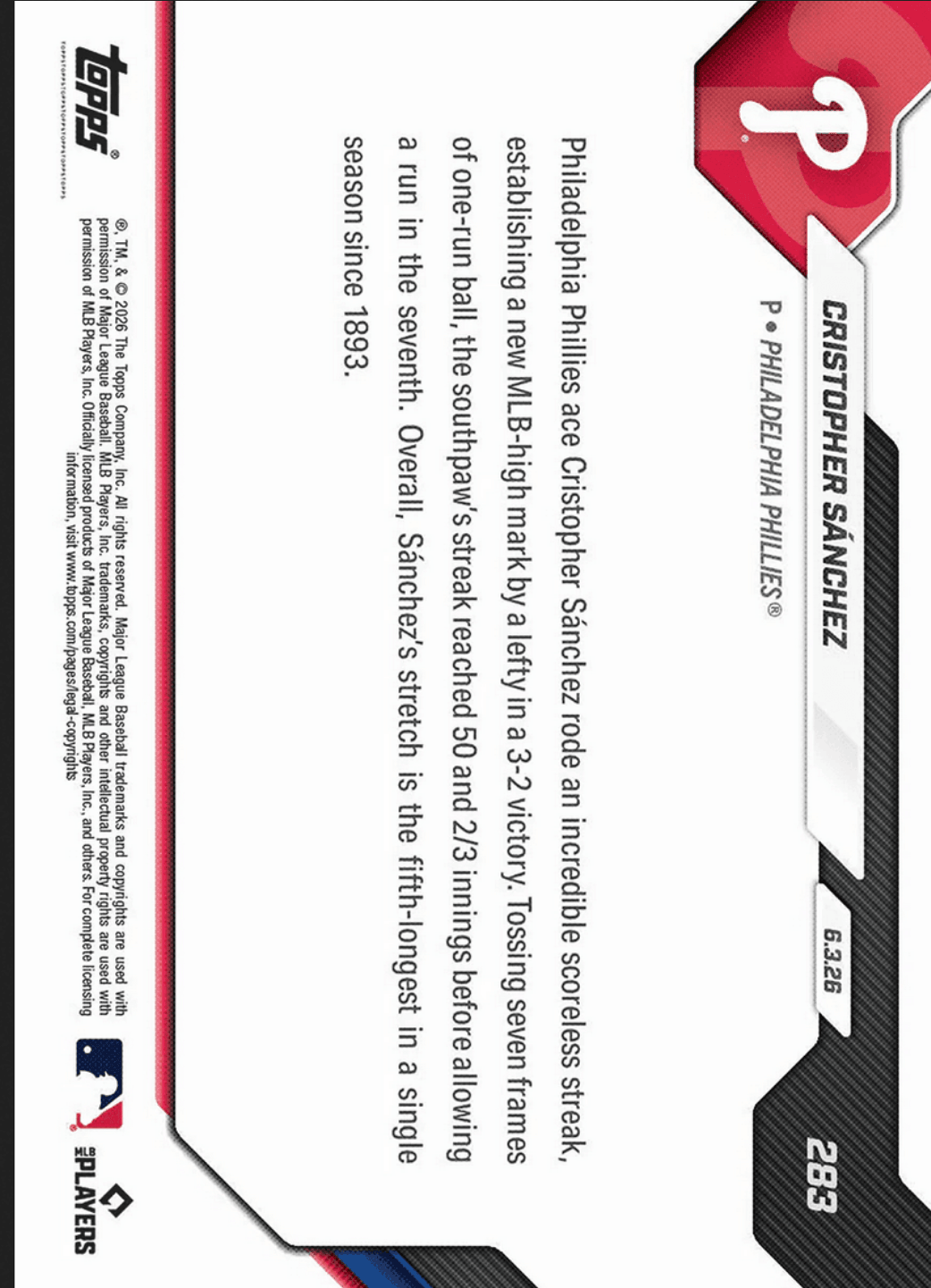 2026 Topps Now Cristopher Sanchez #283 Red Foil /5 Philadelphia Phillies Baseball Card