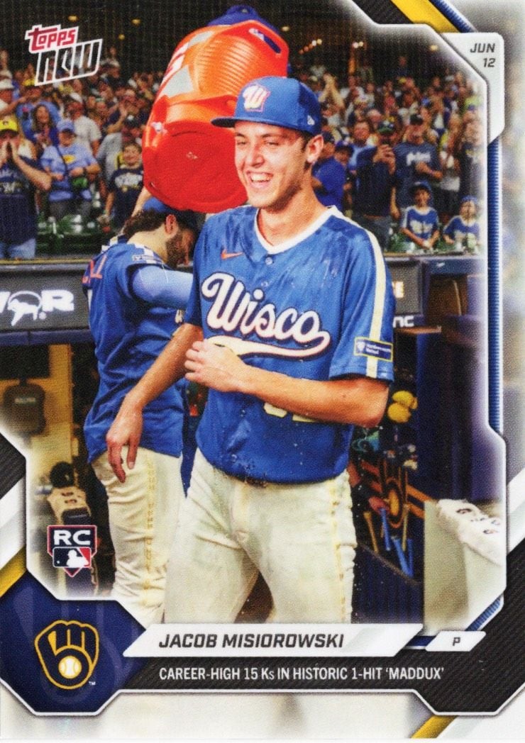 2026 Topps Now Jacob Misiorowski #325SP Career High 15Ks in Historic 1 Hit 'Maddux' Milwaukee Brewers Rookie RC Baseball Card