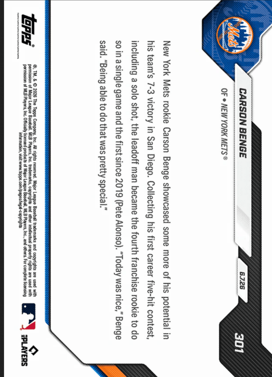 2026 Topps Now Carson Benge #301 Orange Foil /25 1st Mets Rookie to Log 5 Hit Contest Since '19 New York Mets Rookie RC Baseball Card