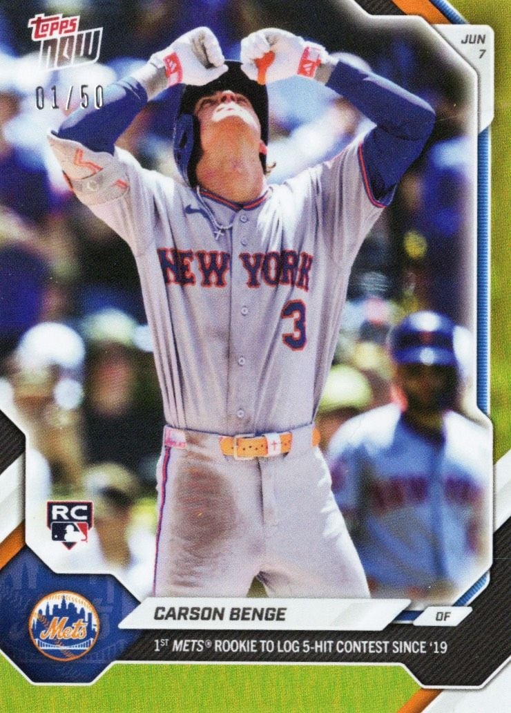 2026 Topps Now Carson Benge #301 Gold Foil /50 1st Mets Rookie to Log 5 Hit Contest Since '19 New York Mets Rookie RC Baseball Card