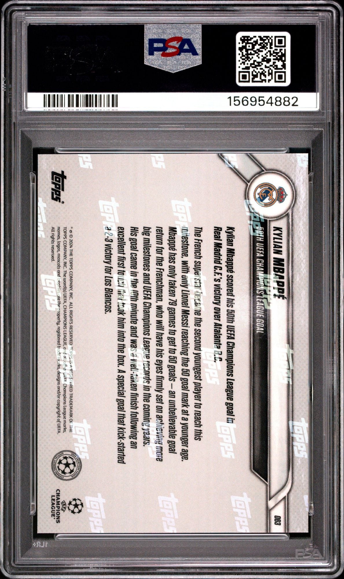 Graded 2025 Topps Now UCL Kylian Mbappe #63 UEFA Champions League 50th Goal Soccer Card PSA 10 Gem Mint