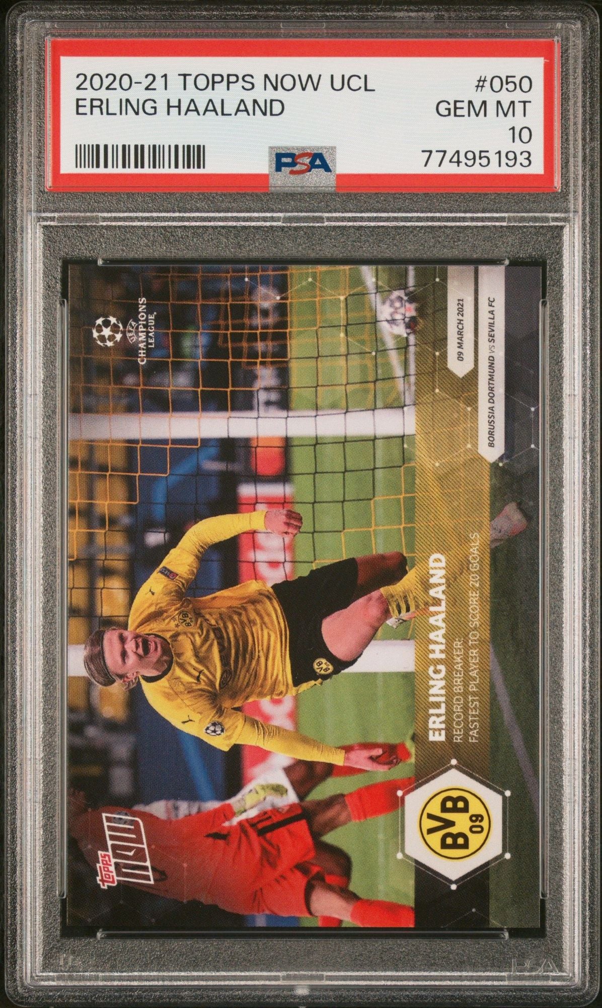 Graded 2020 Topps Now UCL Erling Haaland #050 UEFA Champions League Fastest Player to 20 Goals Soccer Card PSA 10 Gem Mint