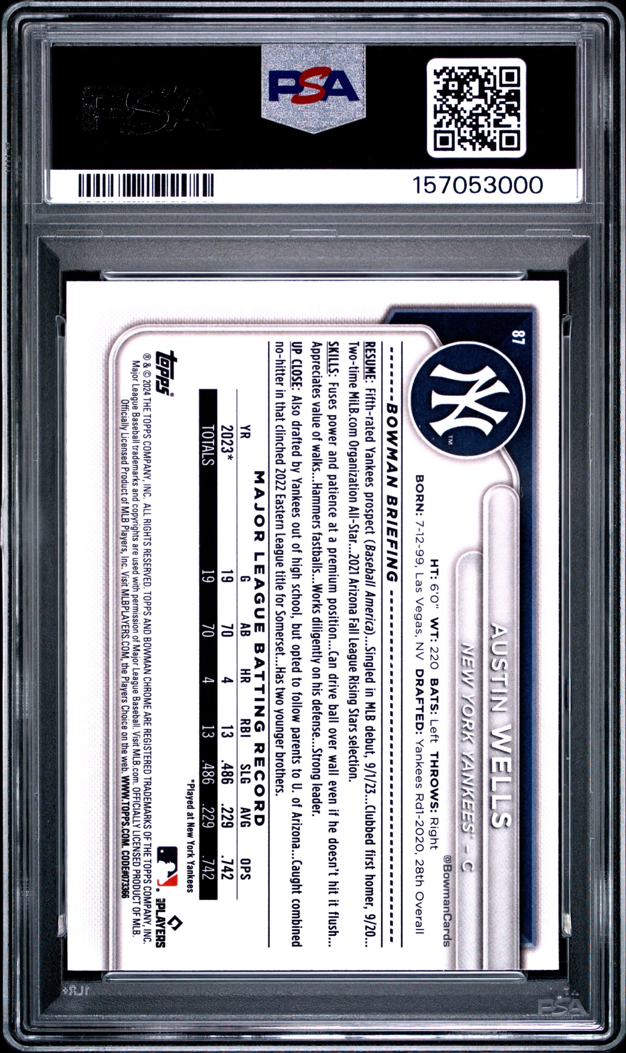 Graded 2024 Bowman Austin Wells #87 Mega Box Chrome Prospects Rookie RC Baseball Card PSA 10 Gem Mint