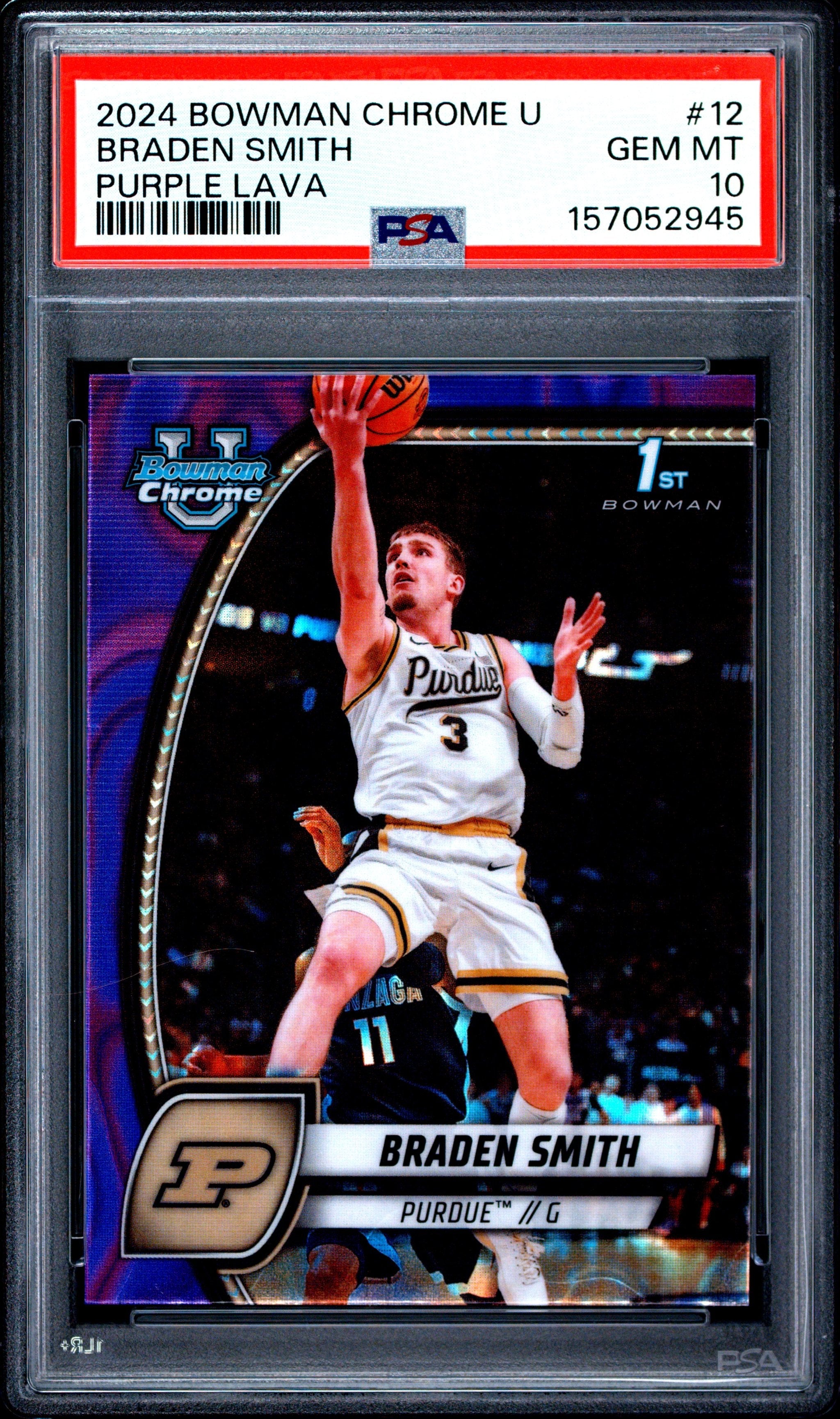 Graded 2024 Bowman University Chrome Braden Smith #12 Purple Lava Refractor Rookie RC Basketball Card PSA 10 Gem Mint