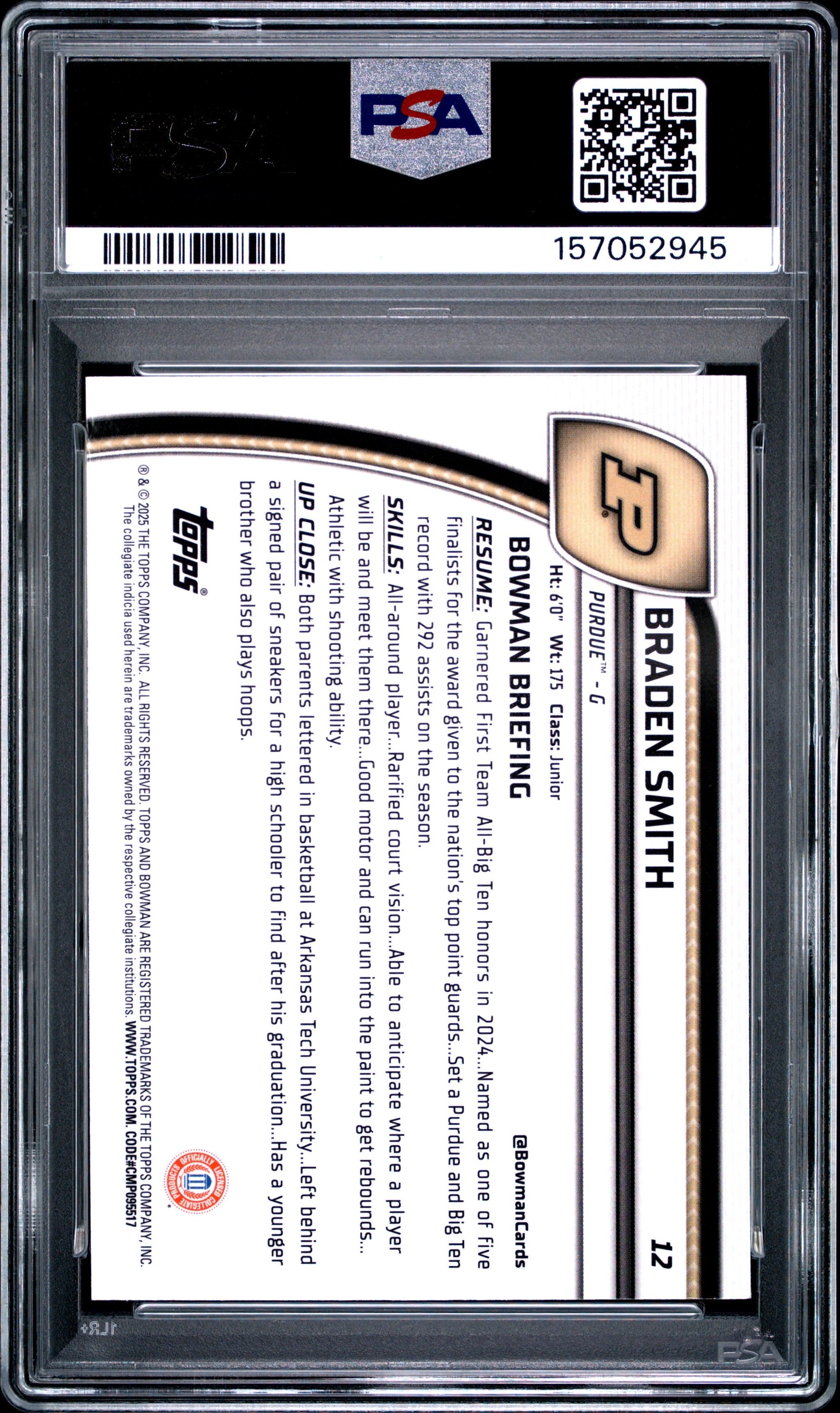 Graded 2024 Bowman University Chrome Braden Smith #12 Purple Lava Refractor Rookie RC Basketball Card PSA 10 Gem Mint