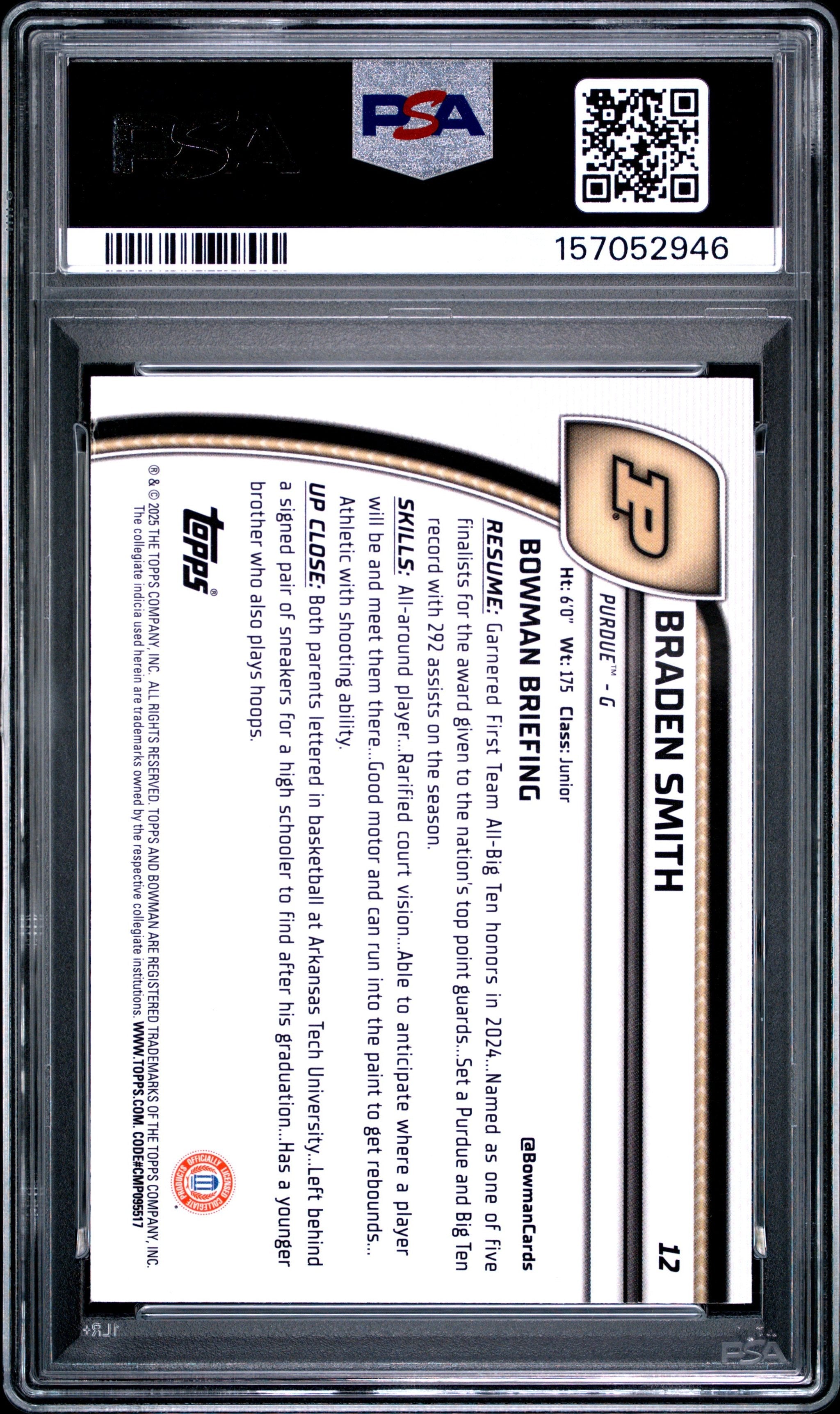 Graded 2024 Bowman University Chrome Braden Smith #12 Green Shimmer Refractor Rookie RC Basketball Card PSA 10 Gem Mint