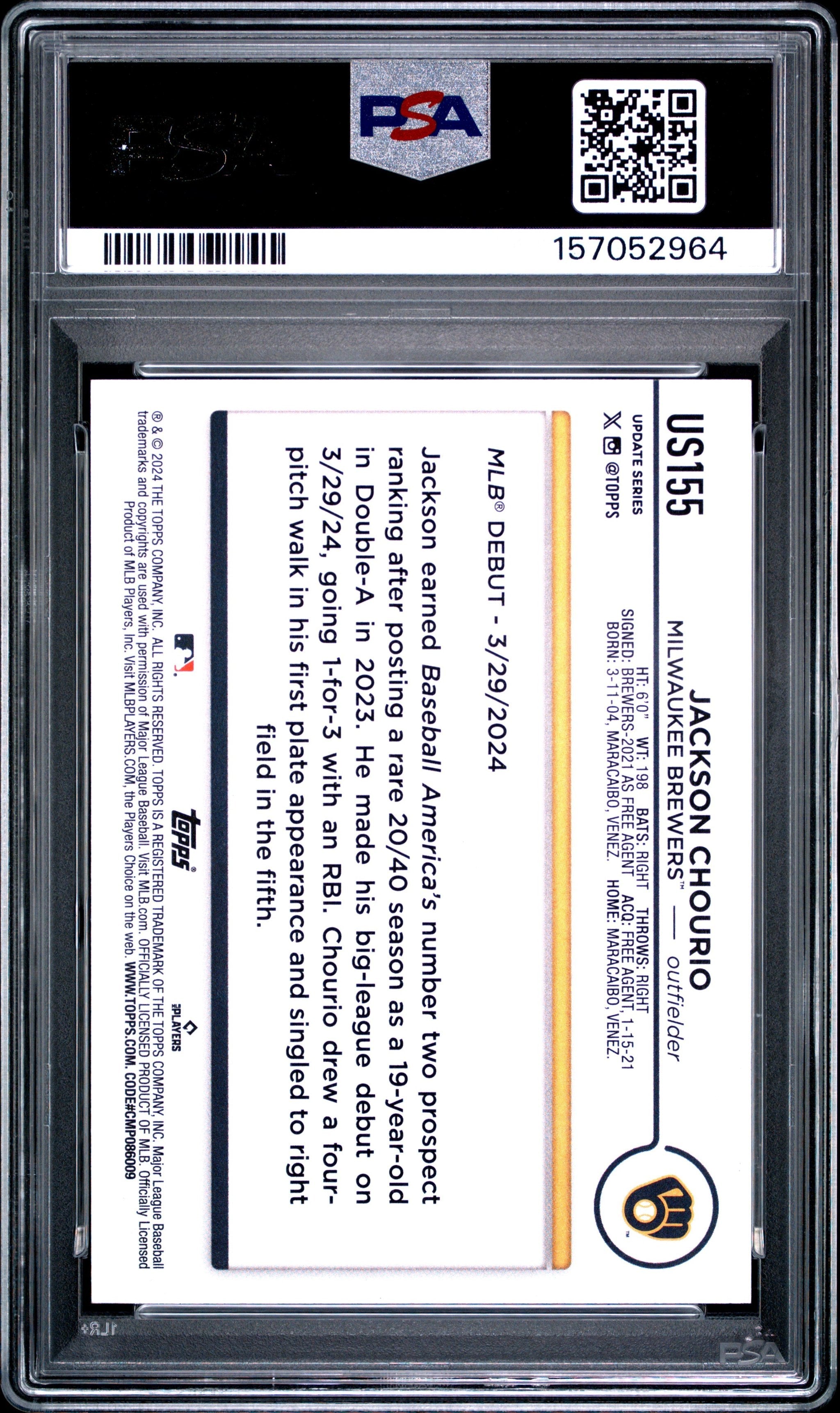 Graded 2024 Topps Update Jackson Chourio #US155 Rookie RC Baseball Card PSA 9 Mint