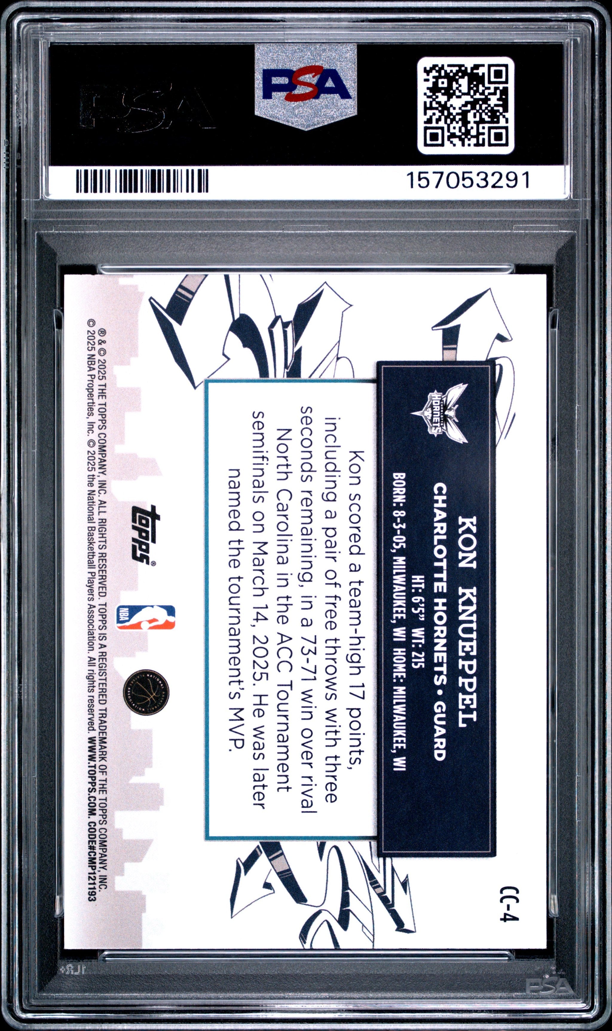 Graded 2025 Topps Kon Knueppel #CC4 Clutch City Prospects Holo Foil Rookie RC Basketball Card PSA 10 Gem Mint