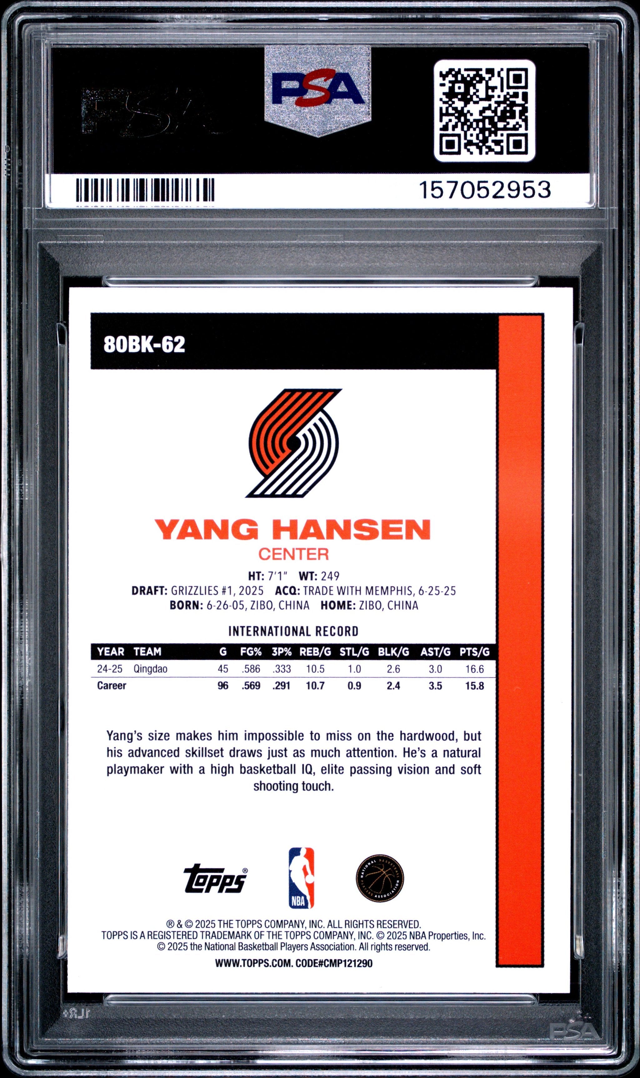 Graded 2025 Topps Yang Hansen #80BK-62 1980-81 Topps Basketball Pink Holo Foil Rookie RC Basketball Card PSA 8 Near Mint