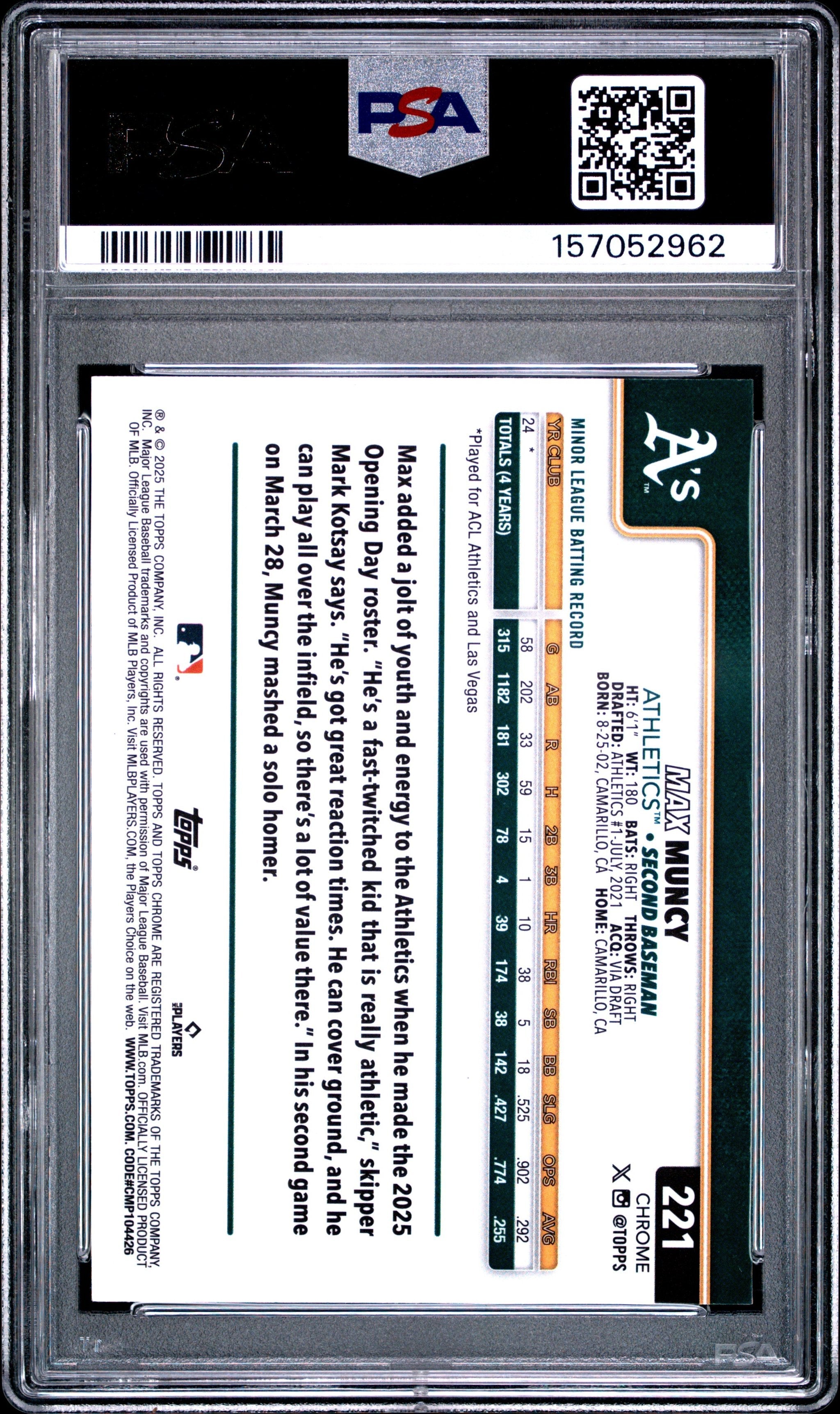 Graded 2025 Topps Chrome Max Muncy #221 X-Fractor Rookie RC Baseball Card PSA 10 Gem Mint