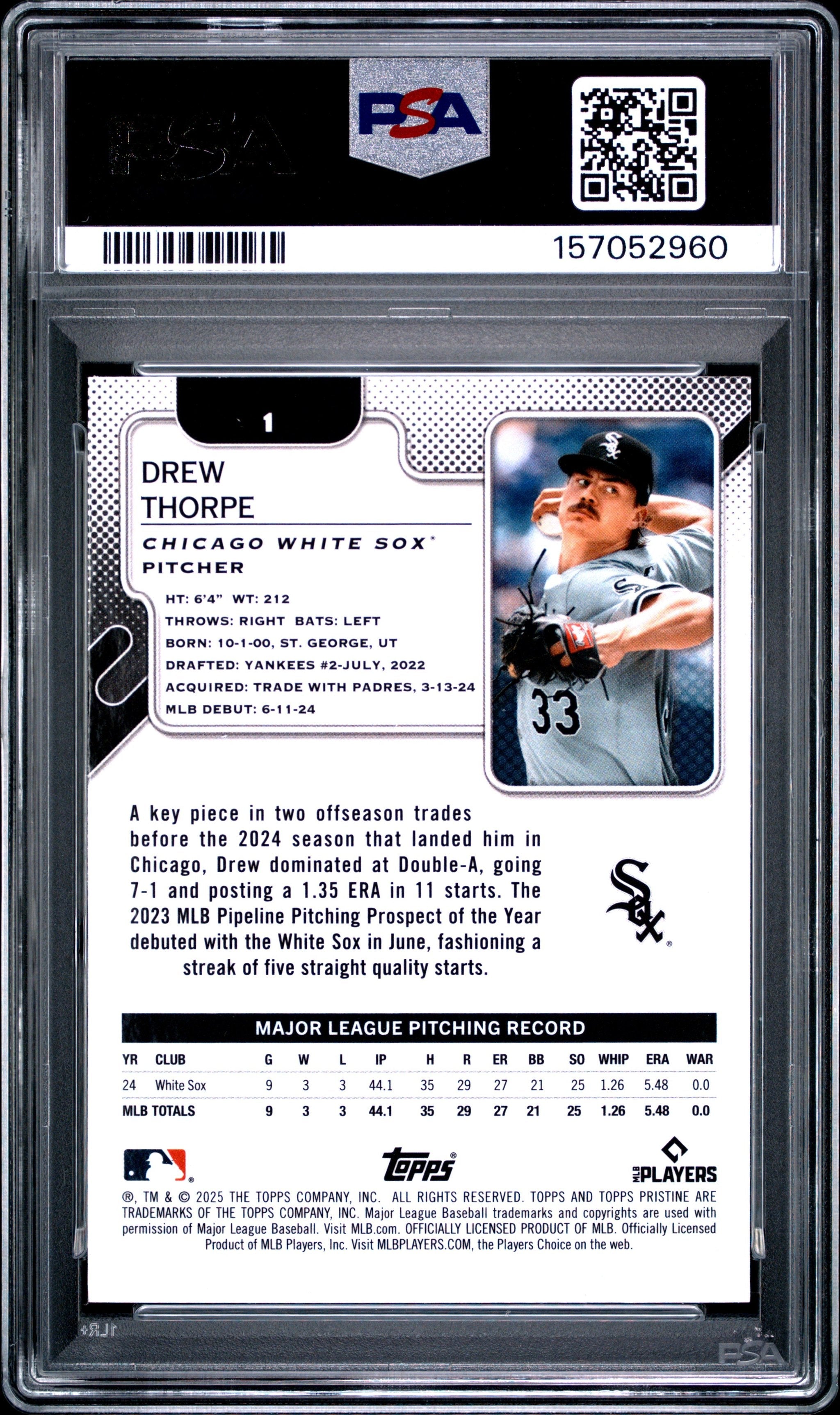 Graded 2025 Topps Pristine Drew Thorpe #1 Aqua Refractor /199 Rookie RC Baseball Card PSA 9 Mint