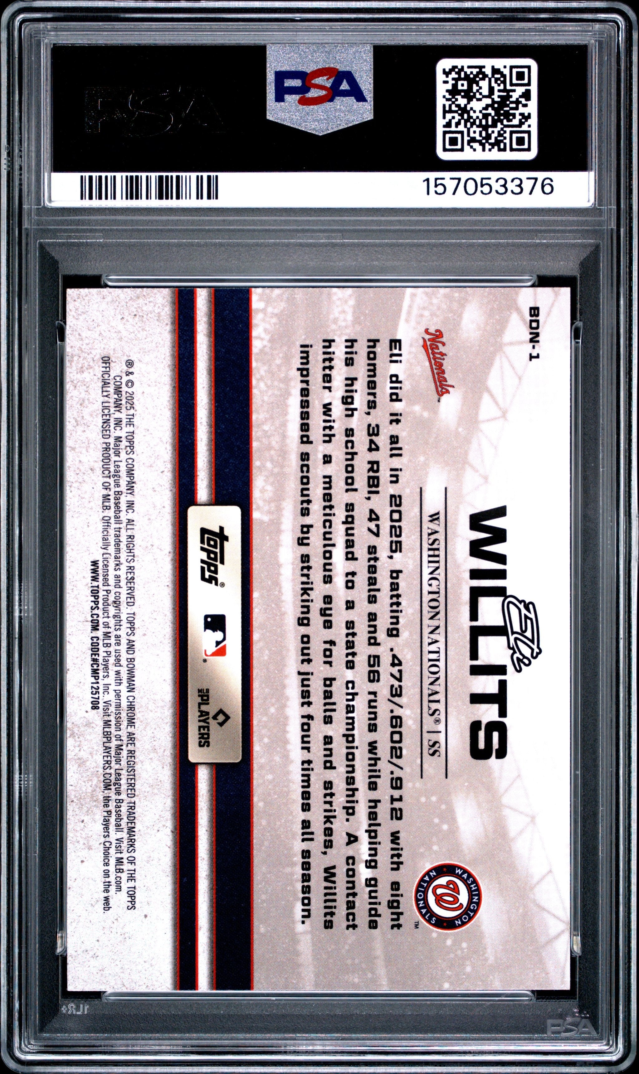Graded 2025 Topps Bowman Draft Eli Willits #BDN1 Draft Night Rookie RC Baseball Card PSA 10 Gem Mint