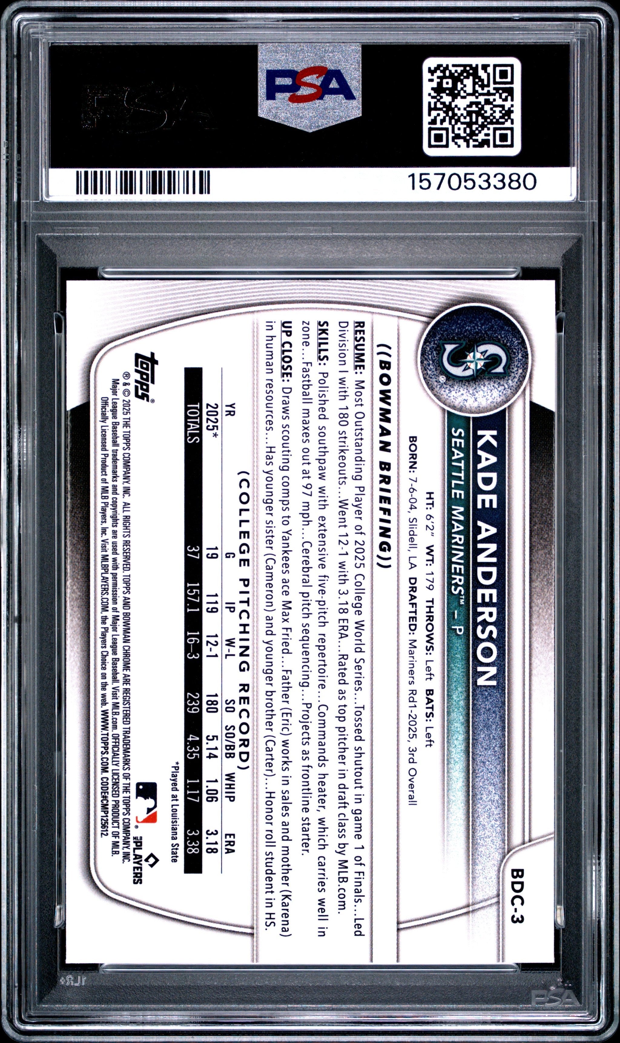 Graded 2025 Topps Bowman Draft Kade Anderson #BDC3 Chrome Rookie RC Baseball Card PSA 10 Gem Mint