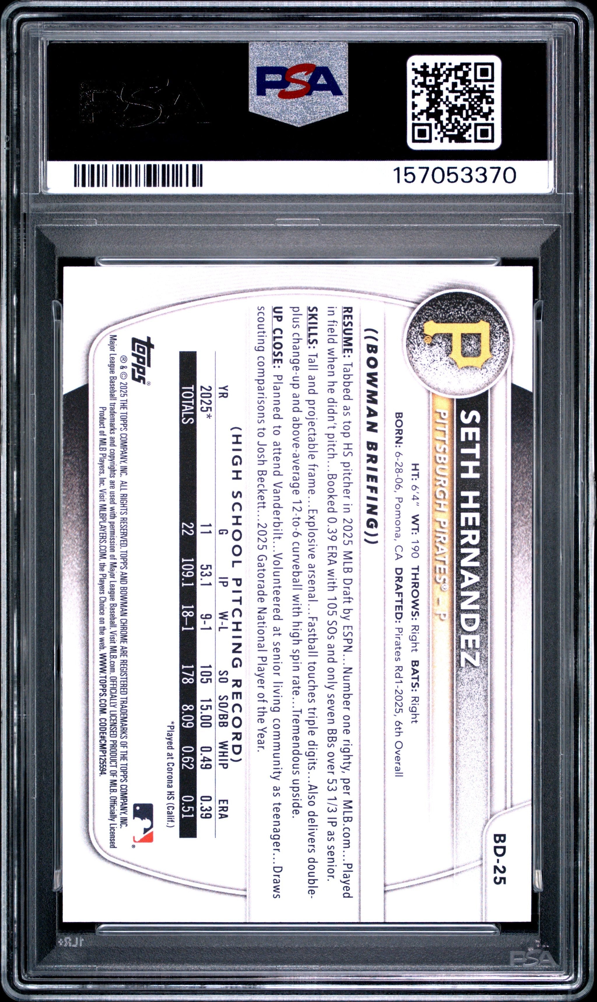 Graded 2025 Topps Bowman Draft Seth Hernandez #BD25 Rookie RC Baseball Card PSA 9 Mint