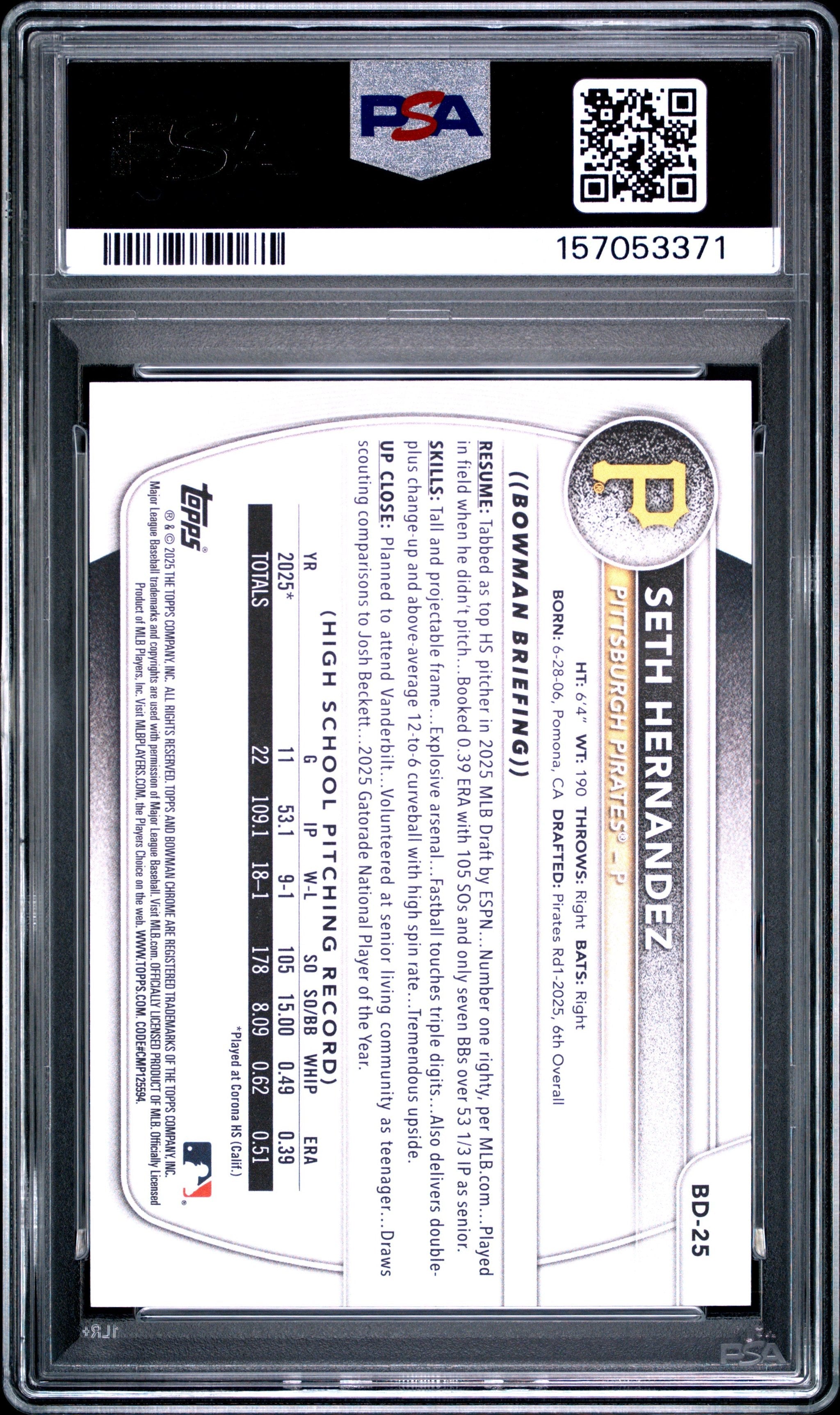 Graded 2025 Topps Bowman Draft Seth Hernandez #BD25 Rookie RC Baseball Card PSA 10 Gem Mint