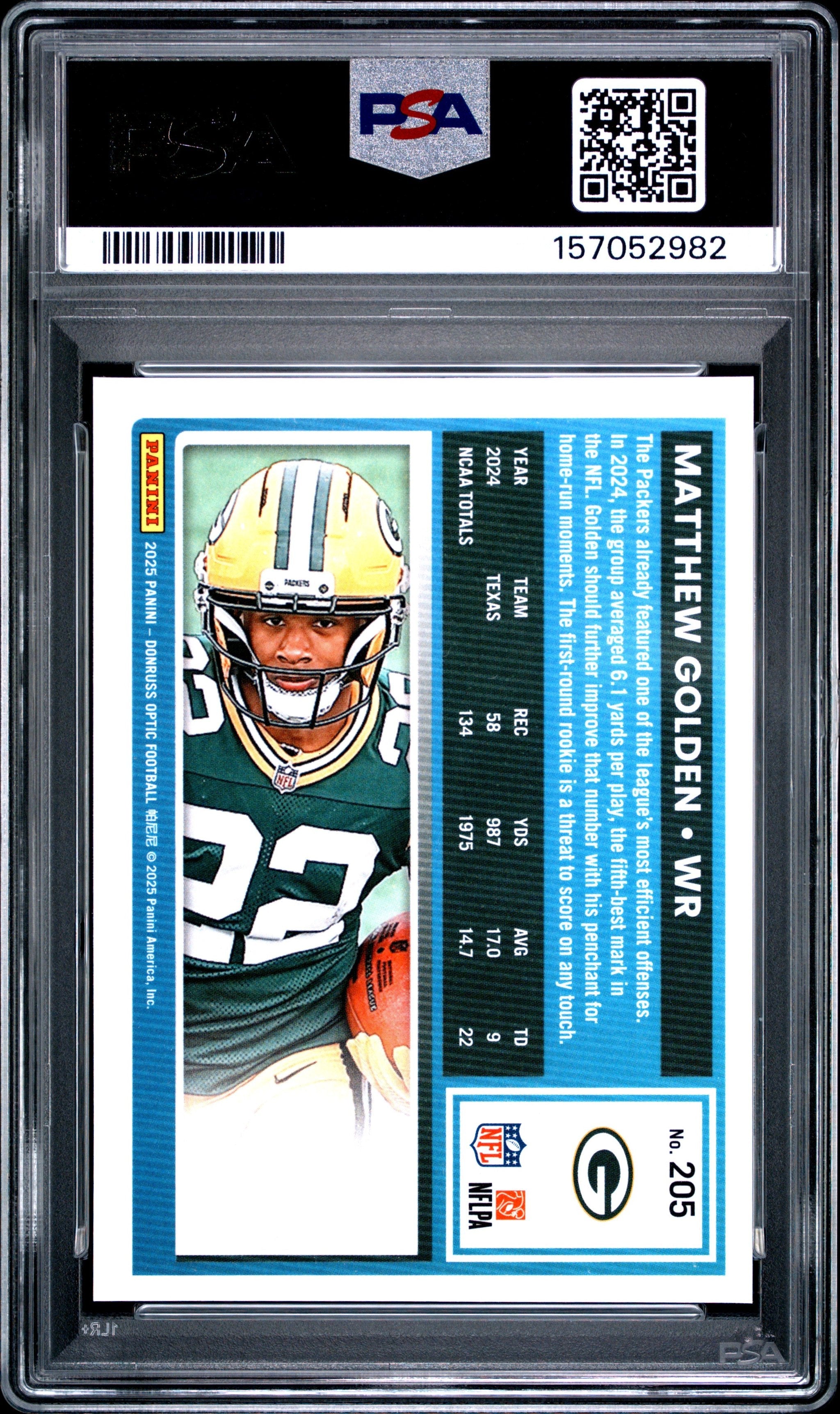 Graded 2025 Panini Donruss Optic Matthew Golden #205 Rookie RC Football Card PSA 9 Mint