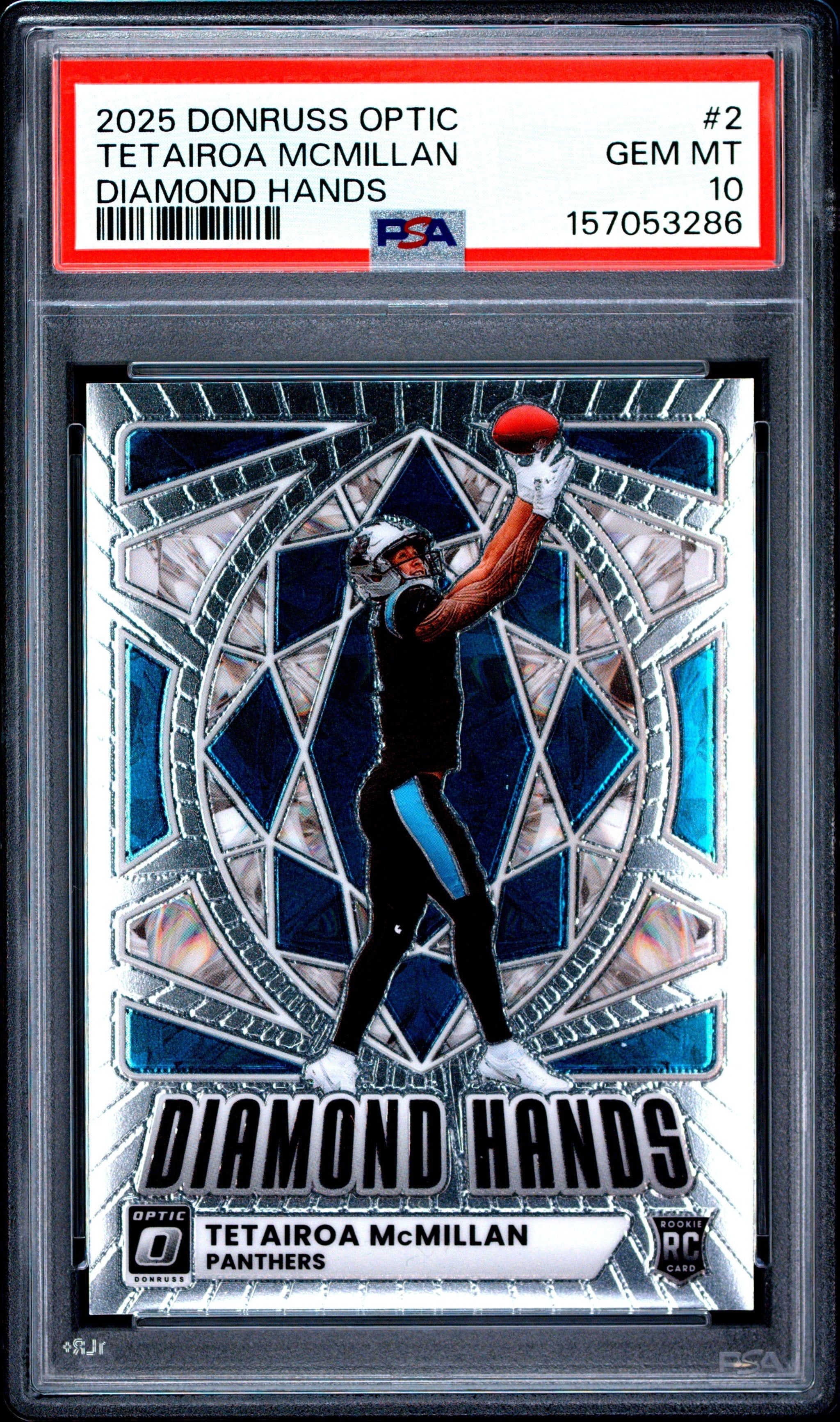 Graded 2025 Panini Donruss Optic Tetairoa McMillan #2 Diamond Hands Rookie RC Football Card PSA 10 Gem Mint