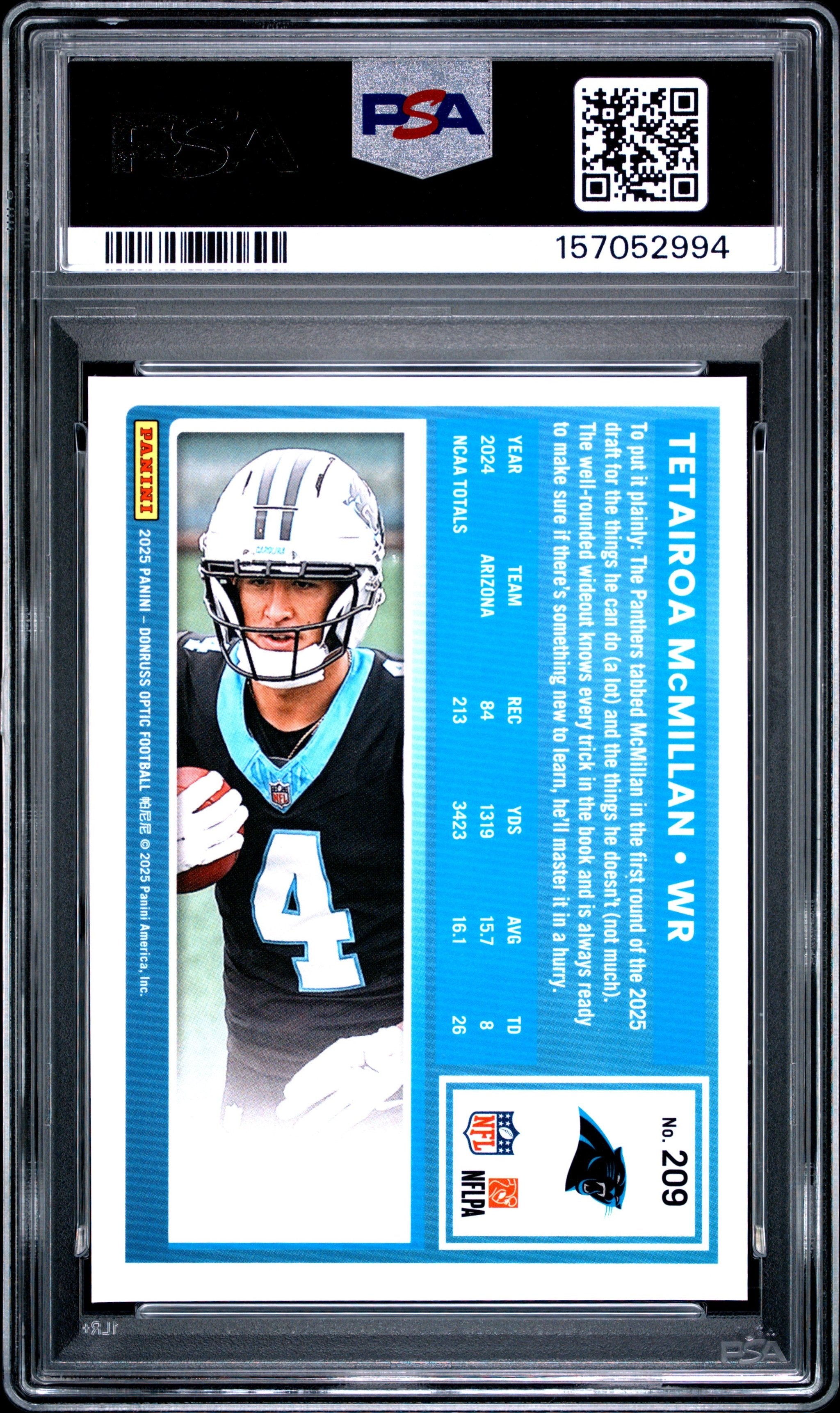 Graded 2025 Panini Donruss Optic Tetairoa McMillan #209 Rookie RC Football Card PSA 8 Near Mint