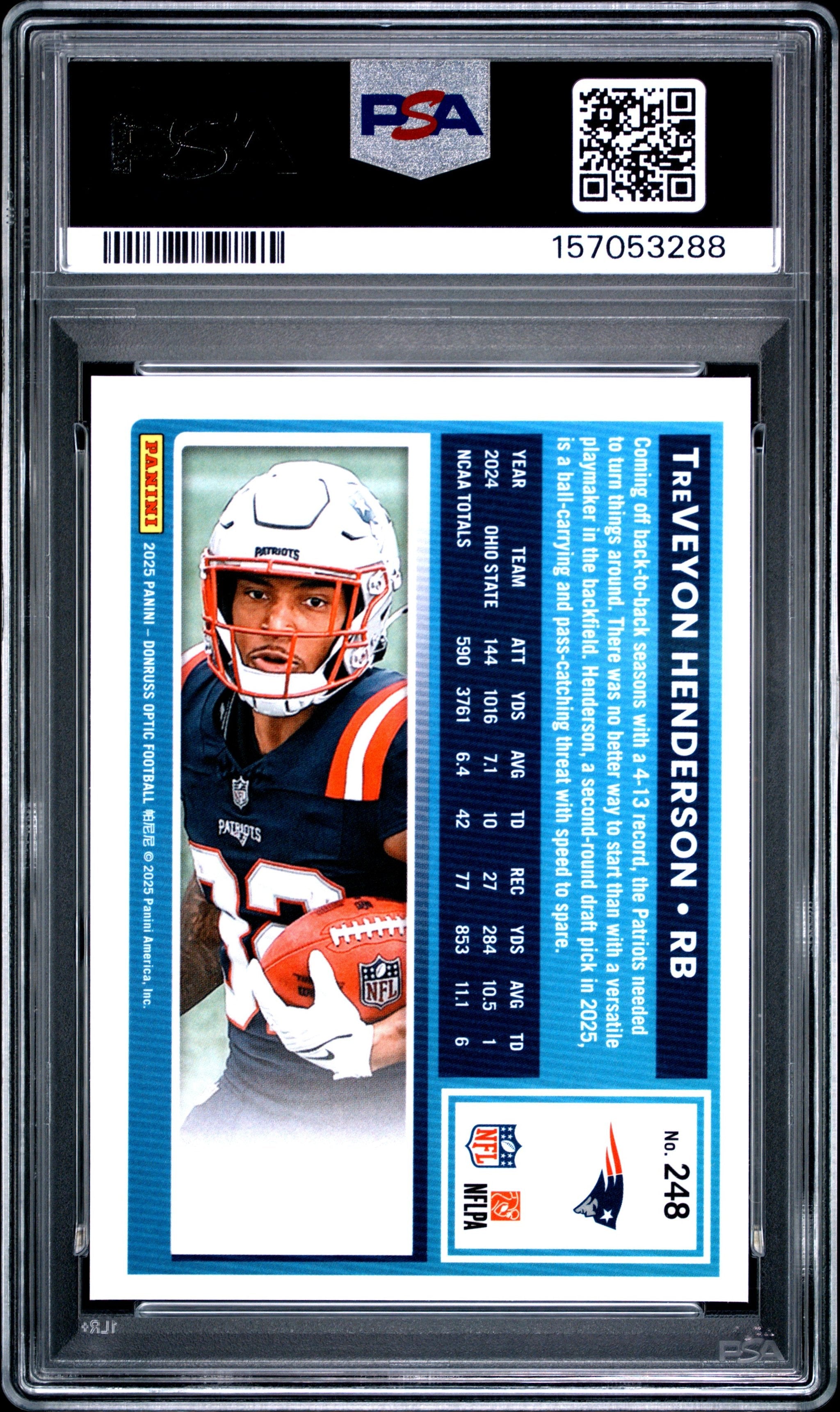 Graded 2025 Panini Donruss Optic TreVeyon Henderson #248 Rookie RC Football Card PSA 9 Mint