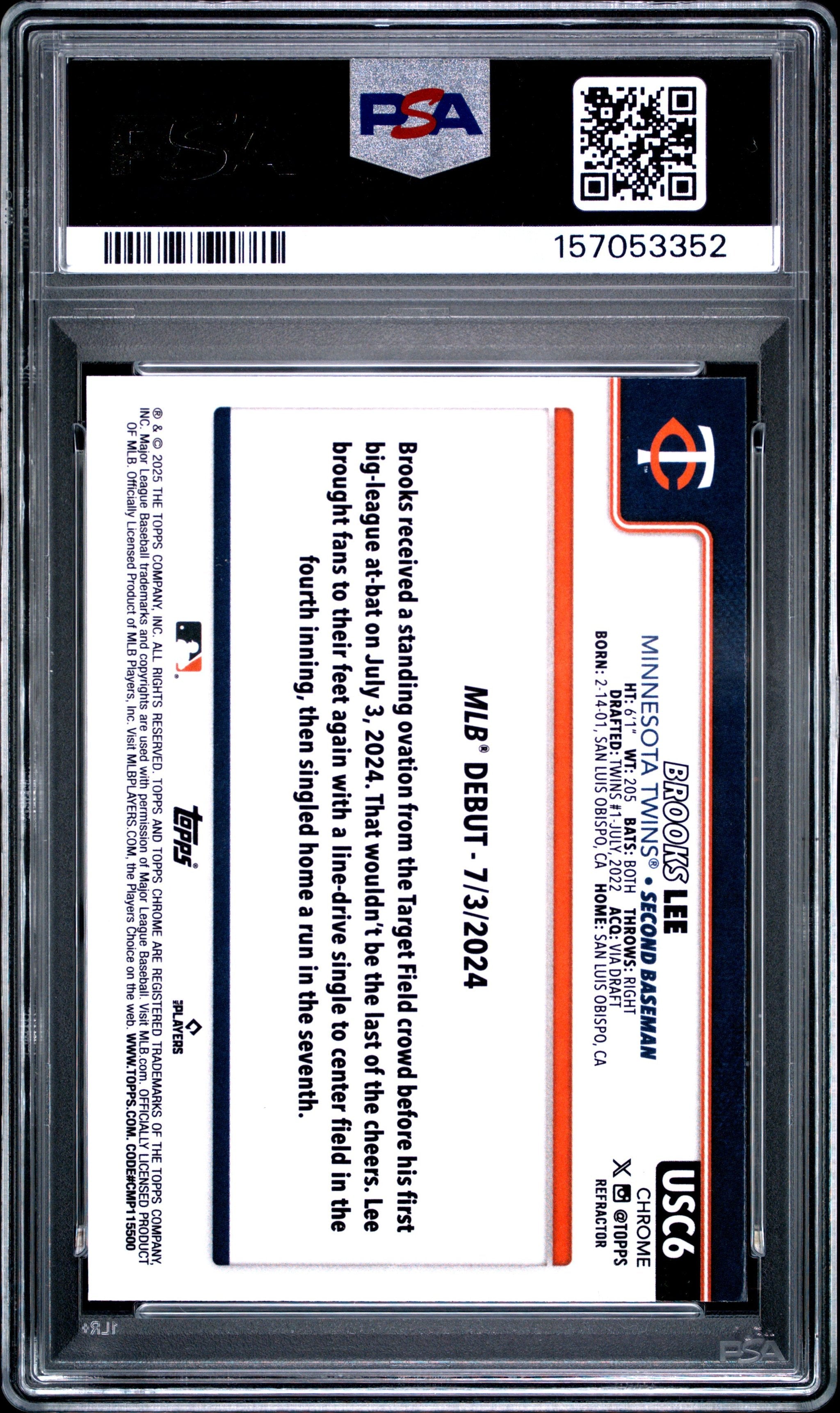 Graded 2025 Topps Chrome Update Brooks Lee #USC6 Refractor Rookie RC Baseball Card PSA 9 Mint