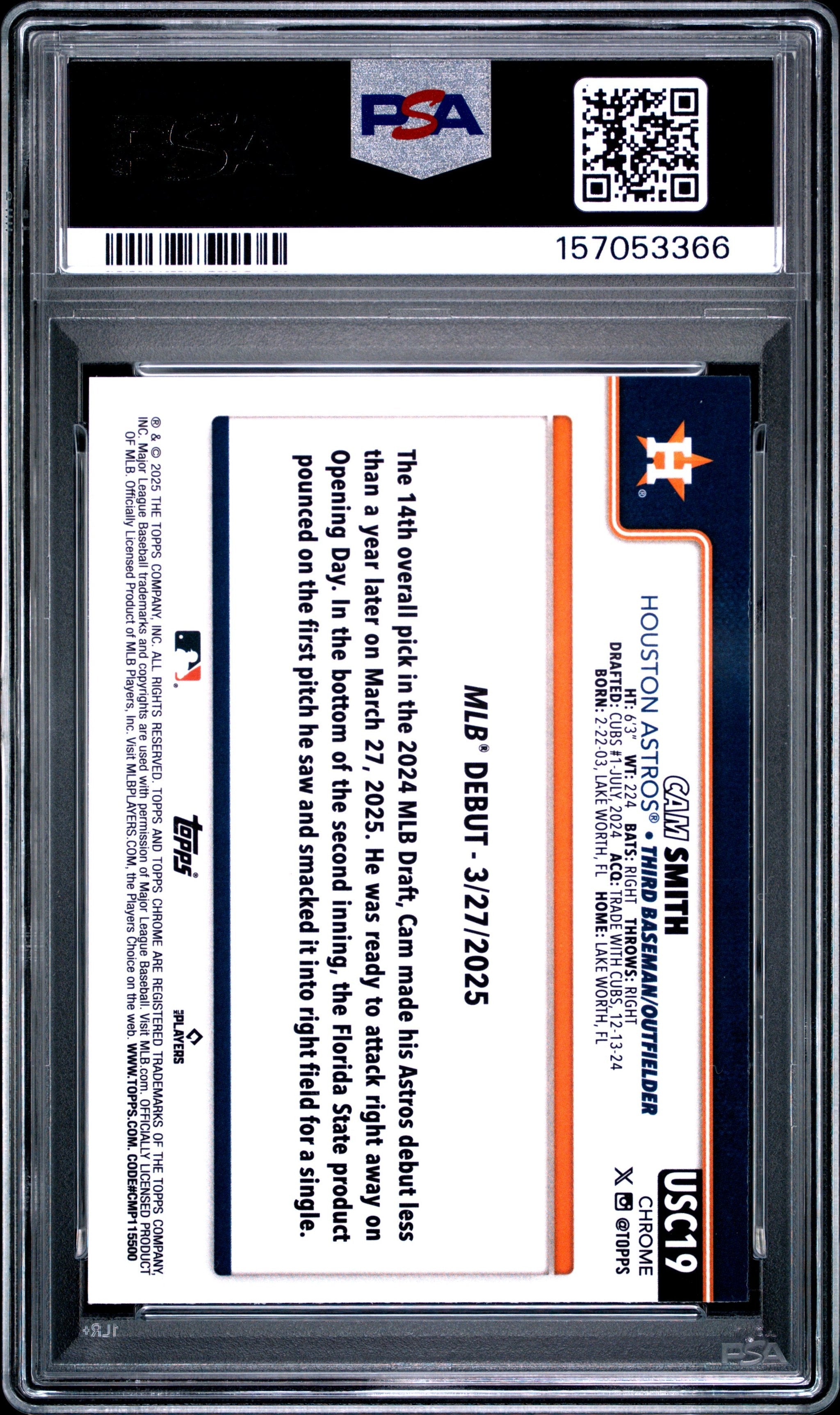 Graded 2025 Topps Chrome Update Sapphire Edition Cam Smith #USC19 Rookie RC Baseball Card PSA 10 Gem Mint