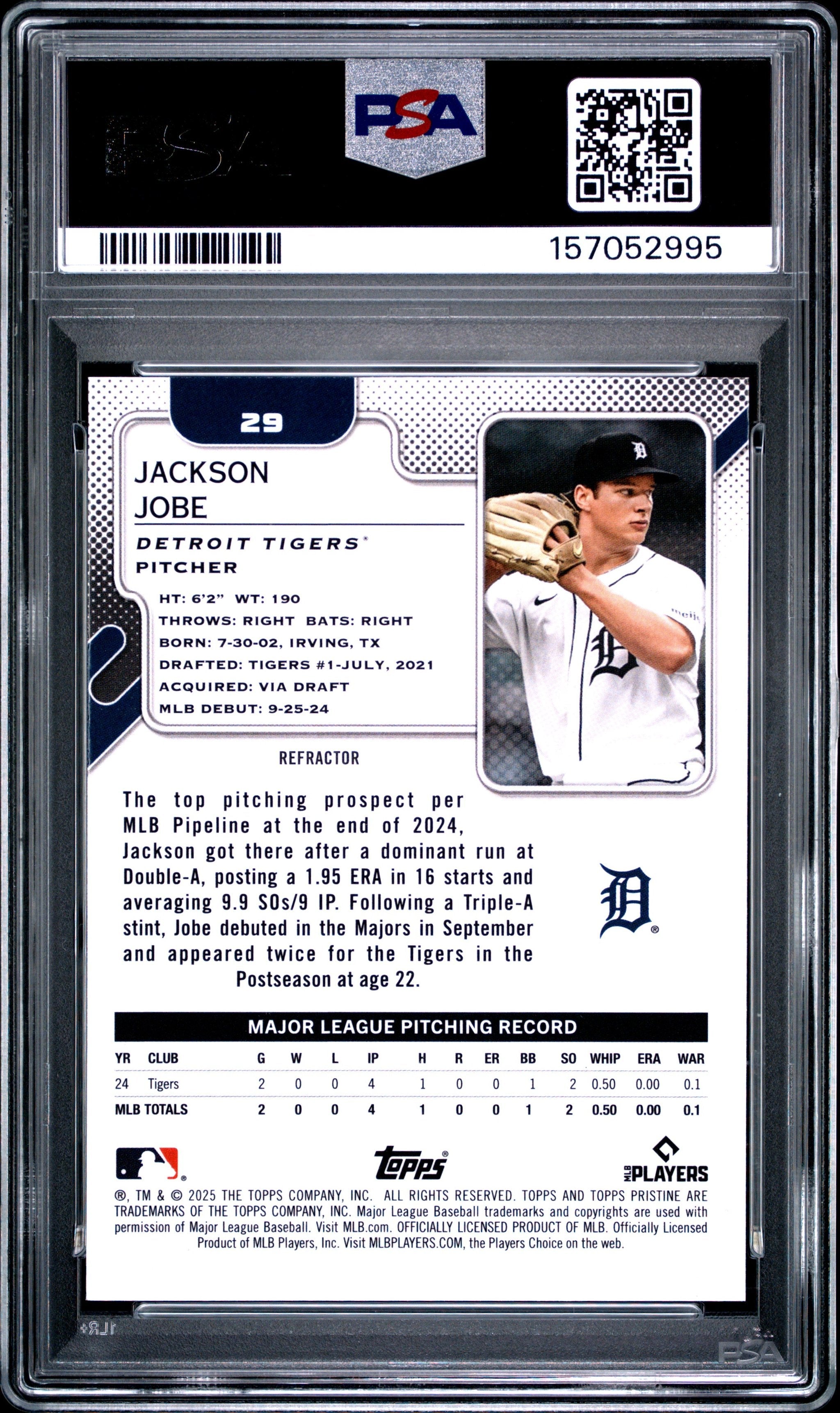 Graded 2025 Topps Pristine Jackson Jobe #29 Refractor Rookie RC Baseball Card PSA 9 Mint