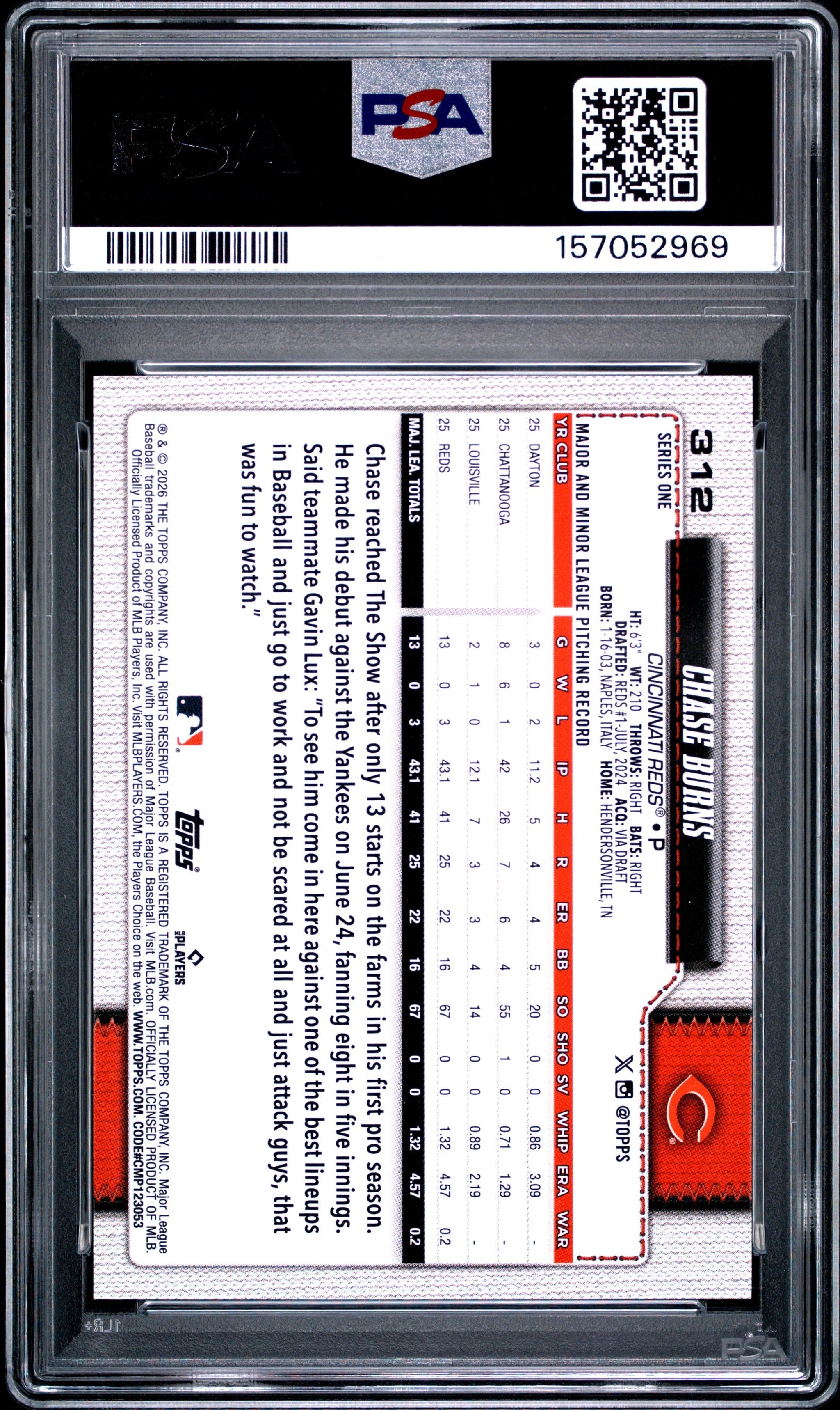 Graded 2026 Topps Chase Burns #312 Rookie RC Baseball Card PSA 10 Gem Mint