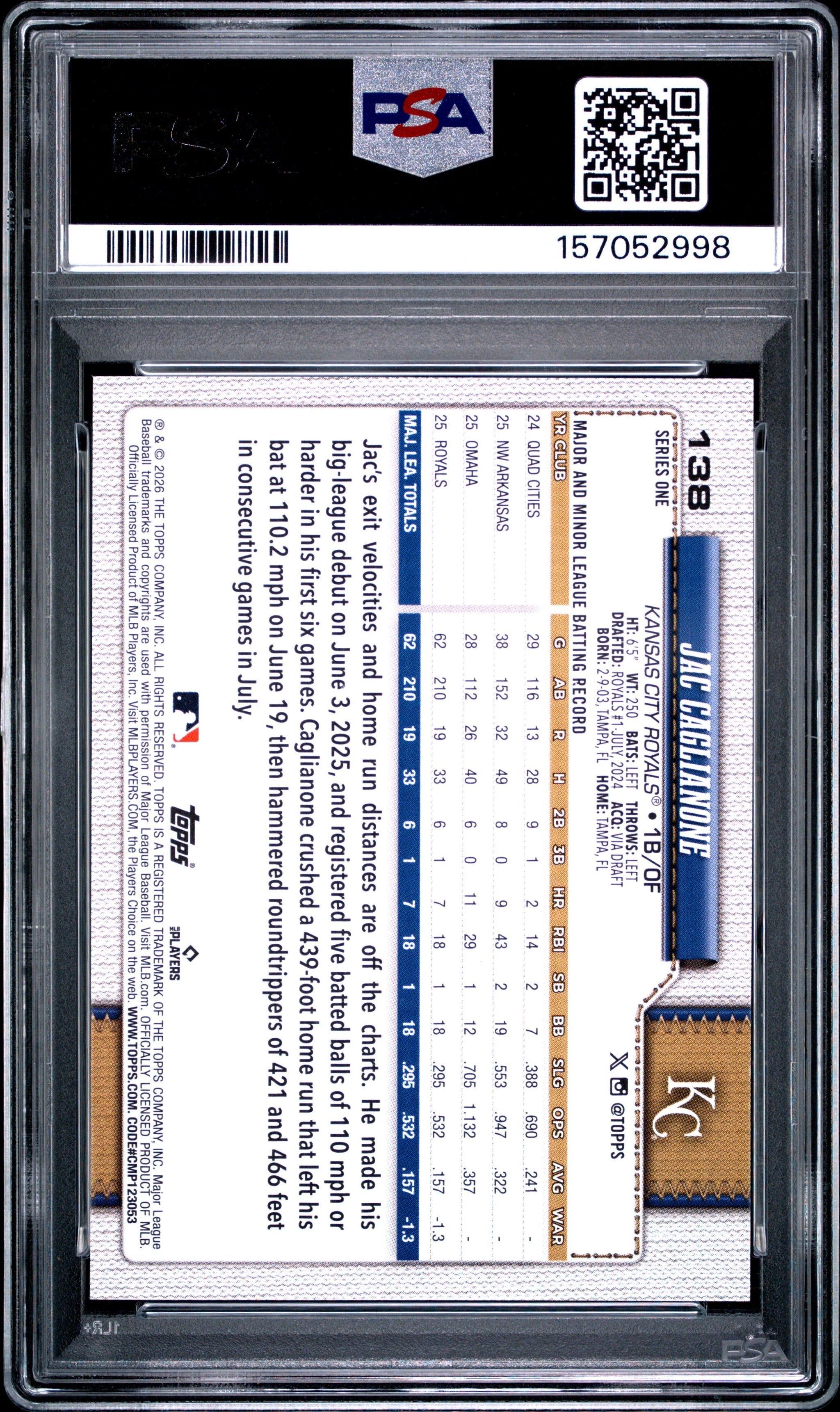 Graded 2026 Topps Jac Caglianone #138 Rookie RC Baseball Card PSA 10 Gem Mint