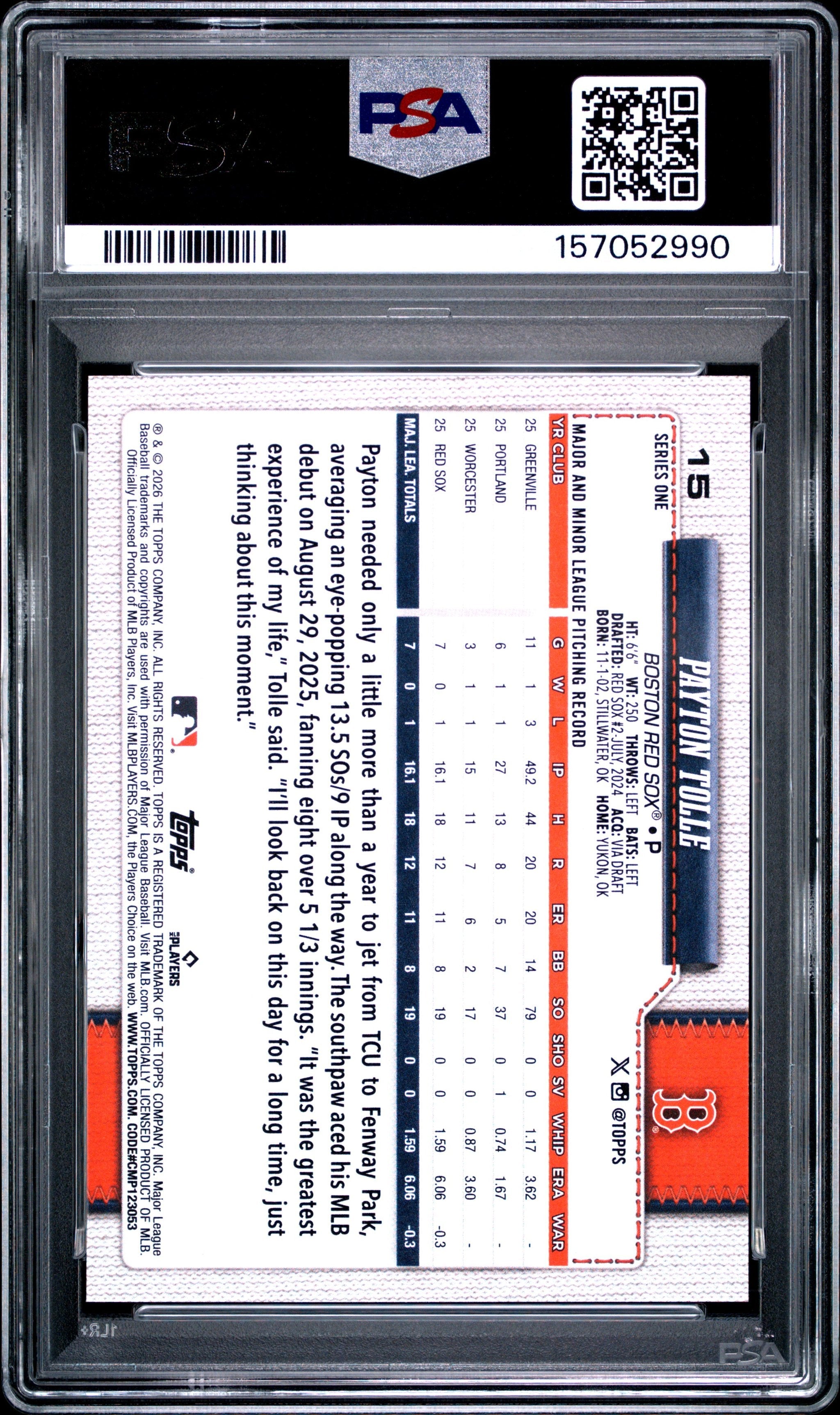 Graded 2026 Topps Payton Tolle #15 Rookie RC Baseball Card PSA 9 Mint
