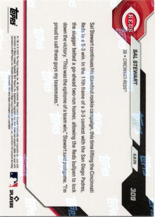 2026 Topps Now Sal Stewart #309 Red Foil /5 2nd Home Run in 11th Delivers Reds Win in San Diego Cincinnati Reds Rookie RC Baseball Card