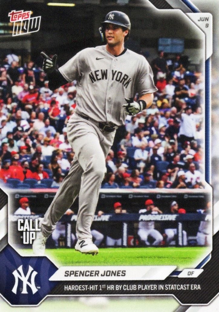 2026 Topps Now Spencer Jones #308SP Hardest Hit 1st Home Run by Club Player in Statcast Era New York Yankees Rookie RC Baseball Card